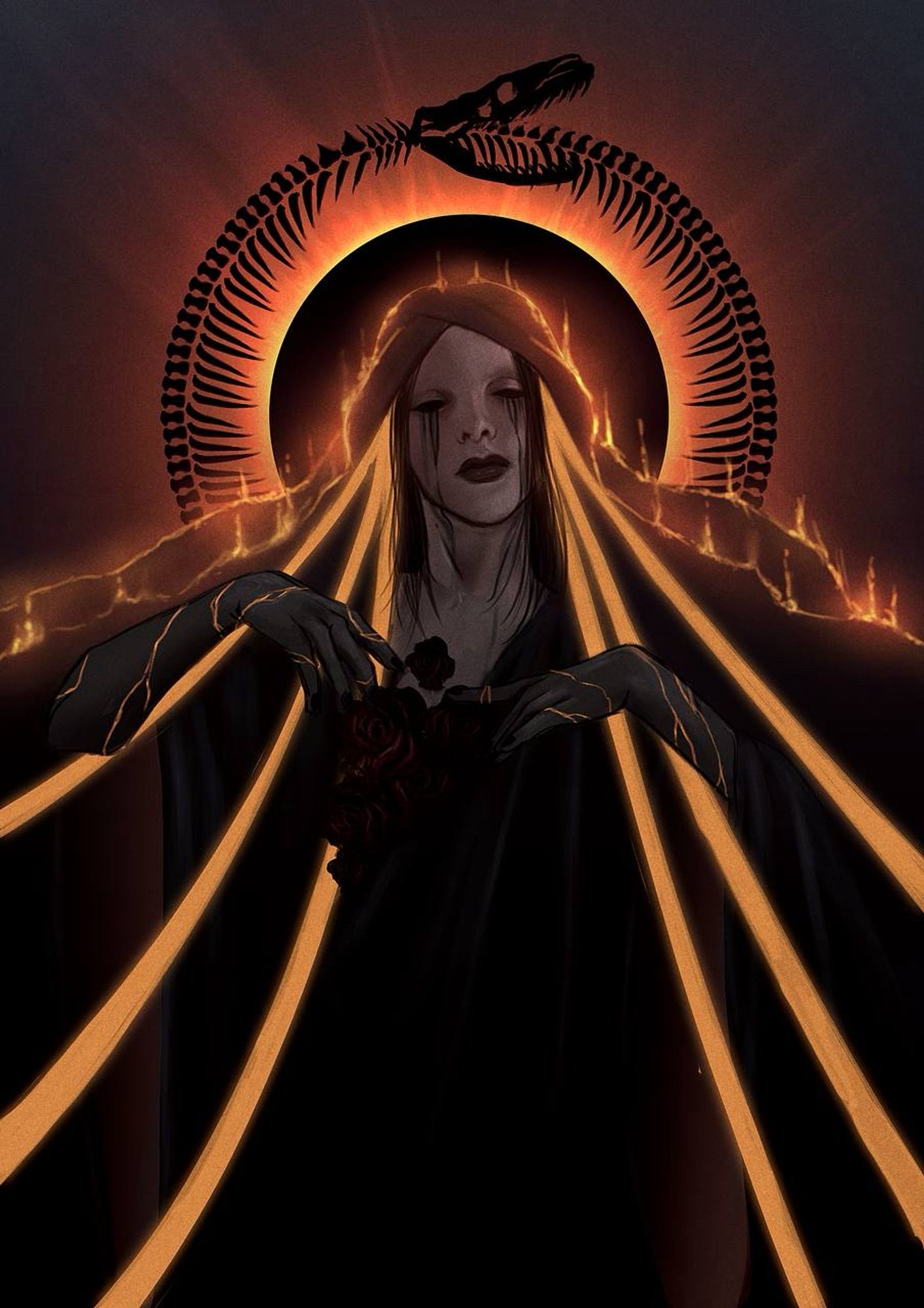 Illustration of a woman standing in front of a fiery red eclipse, with a python skeleton playing the role of an ouroboros in the background, baking in solar flares
The woman herself is crying black tears and her head is slightly tilted, with her shroud on fire
She is wearing long shawls and 6 golden ribbons fly off to the corners of the poece