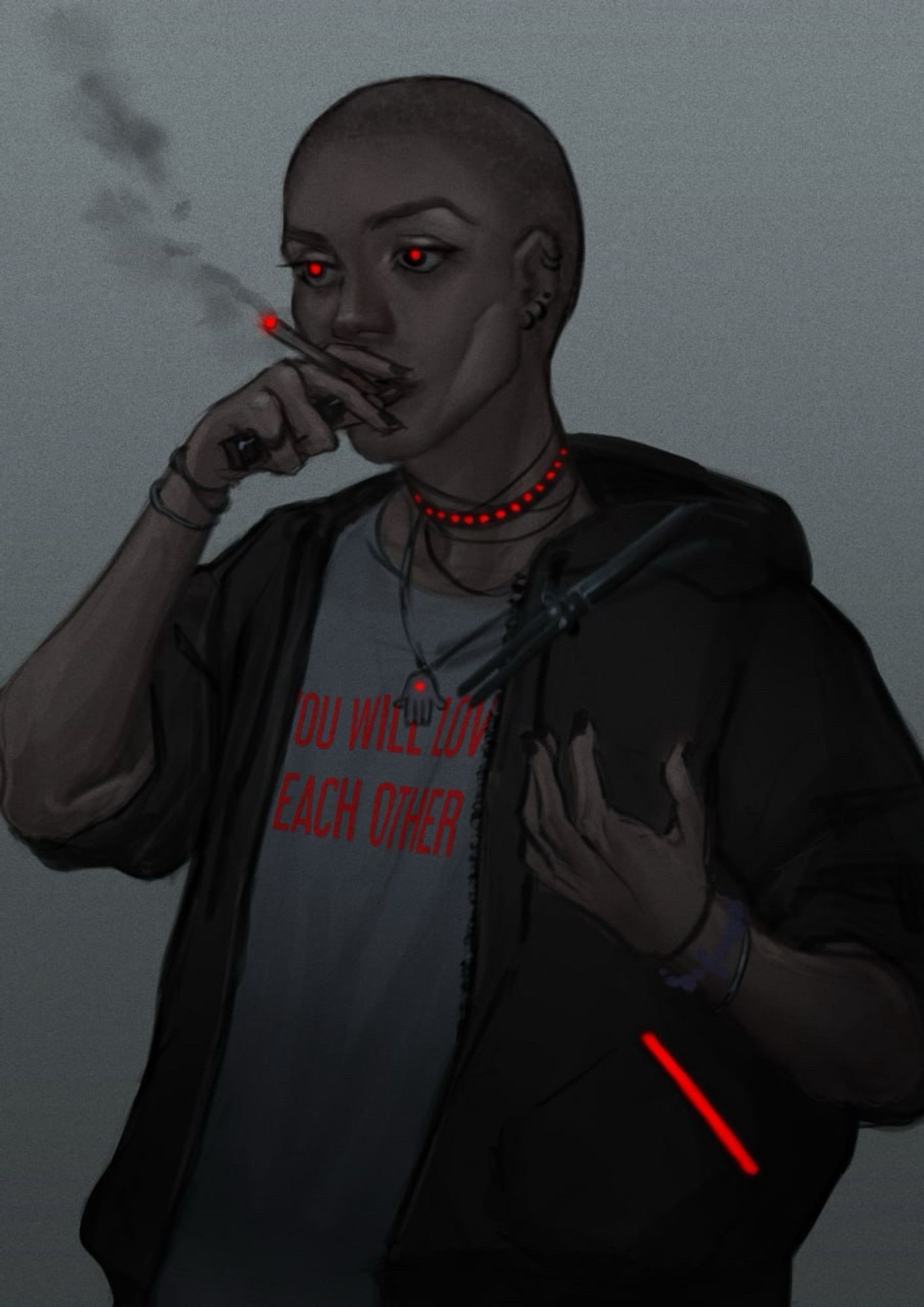 Woman with buzz cut and street clothes smoking a cigarette and throwing her butterfly blade in the air