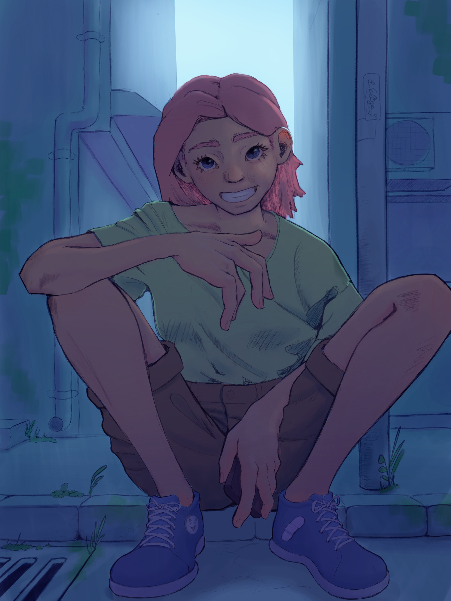 a painting of my OC Mihoko sitting on a sidewalk in front of an alleyway