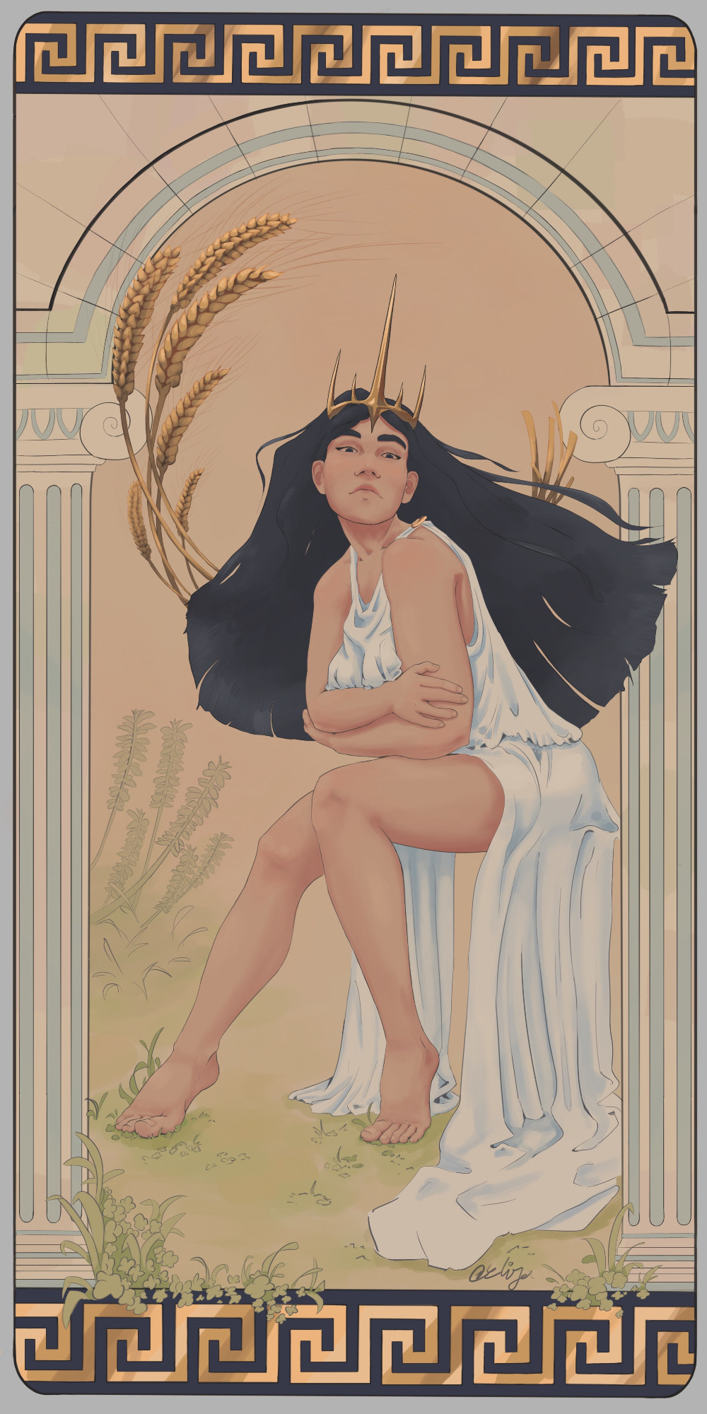 an art nouveau illustration of persephone the greek goddess of the underworld and spring.