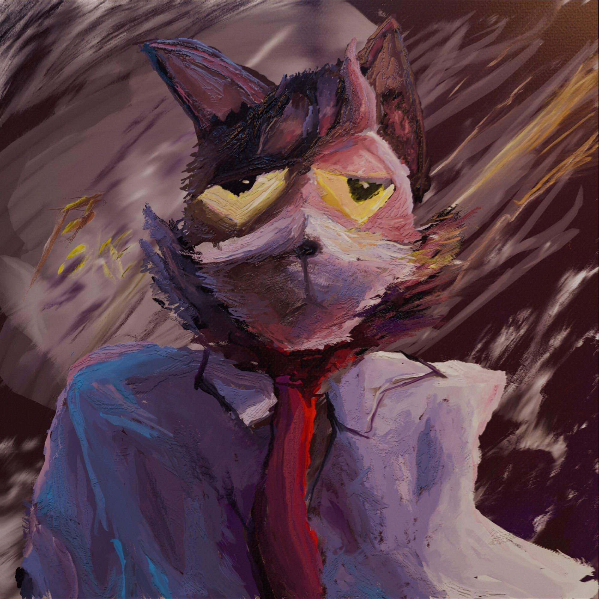 The finished commissioned painting of my client's fursona OC. THE DESCRIPTION FOR HIM IS THAT OF A wolf in business formal attire with an unbuttoned shirt and a red tie bathed in in light hanging from his collar, one side illuminated in light while the other remains lit by the glowing yellow eyes painted on him

La comisión finalizada de mi cliente, su personaje es un lobo de negocios con vestimenta formal con la camisa sin botones y una corbata colgando de su collar iluminado por luz directa e indirecta