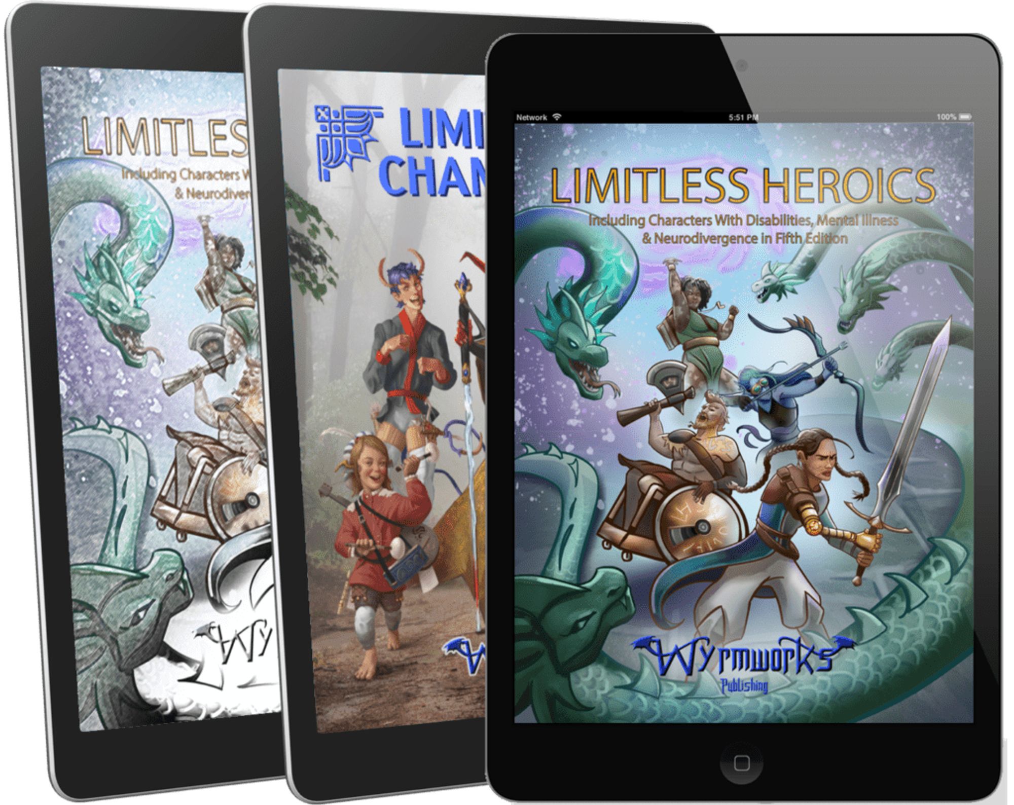 3 tablets showing book covers