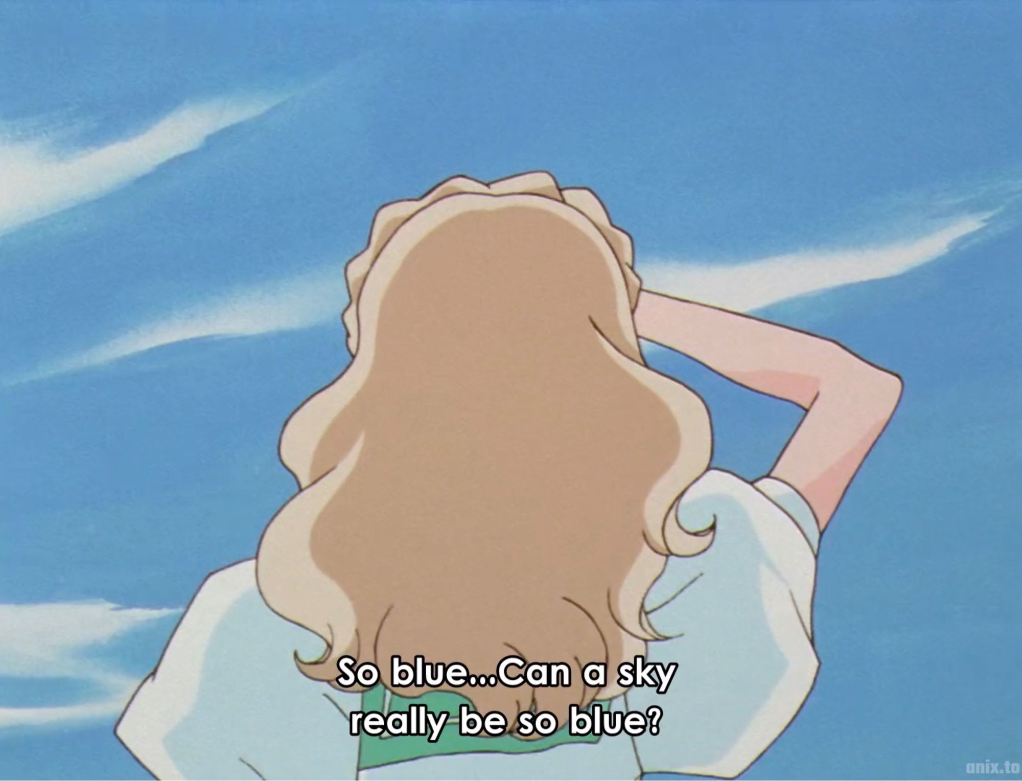 screenshot from revolutionary girl utena: nanami, a blonde schoolgirl, faces away from the viewer. shading her eyes and gazing upwards, she asks, with affected carelessness, ‘so blue… can a sky really be so blue?’