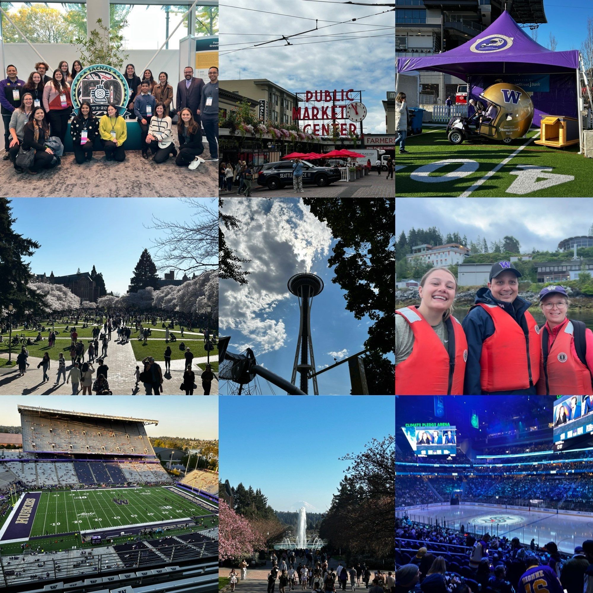 Collage of photos showing different activities from around the University of Washington and Seattle.