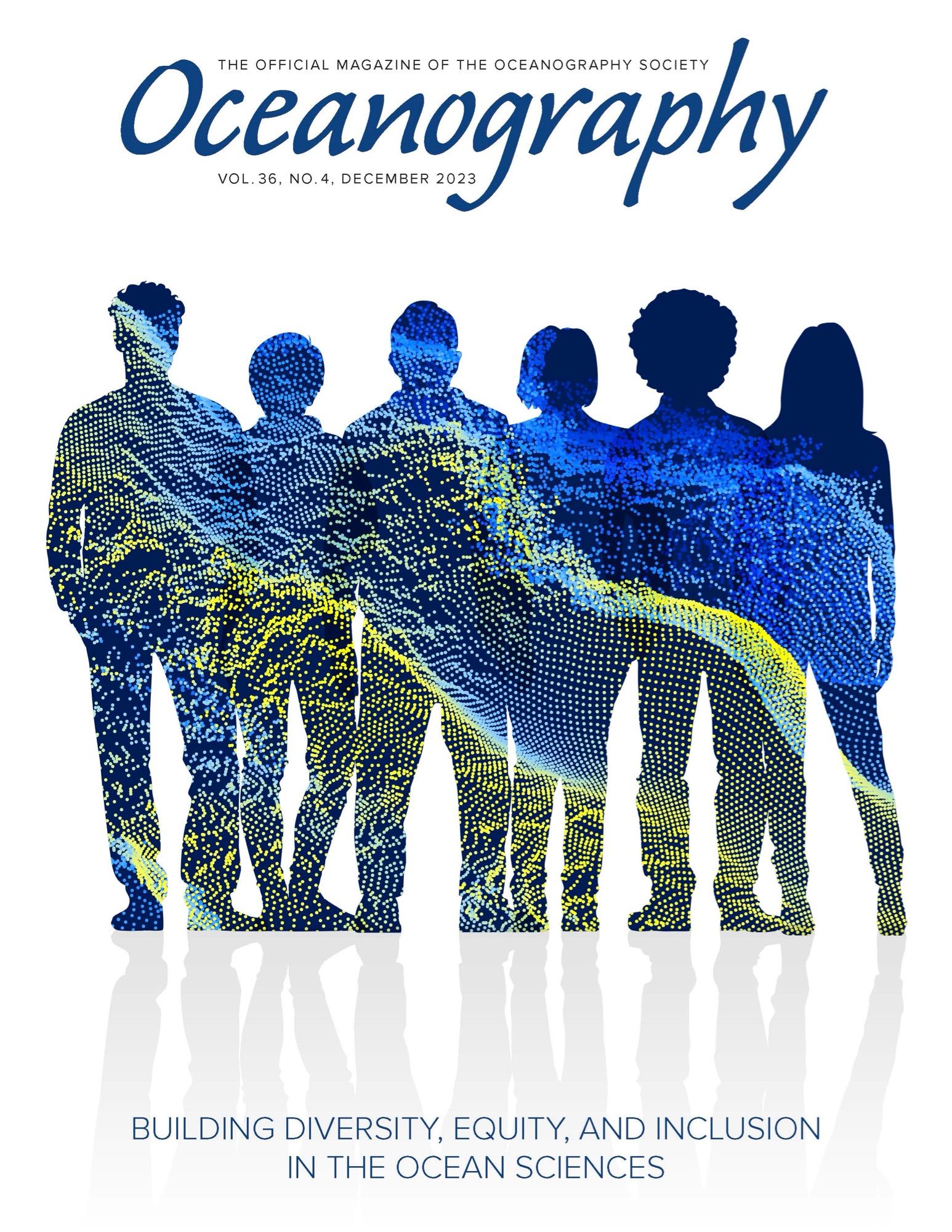 Cover art for special issue of Oceanography featuring outlines of different people overlaid on a bathymetric map.