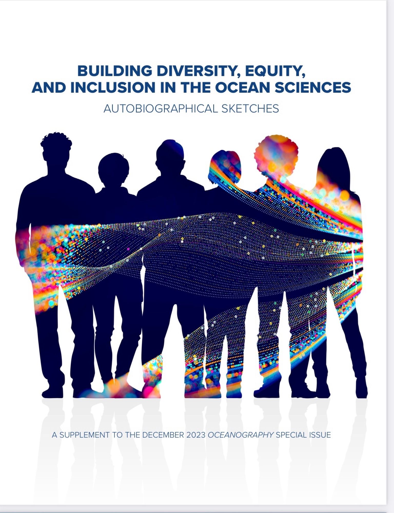 Cover art for DEI issue of Oceanography featuring outlines of a diversity people overlaid into a map.