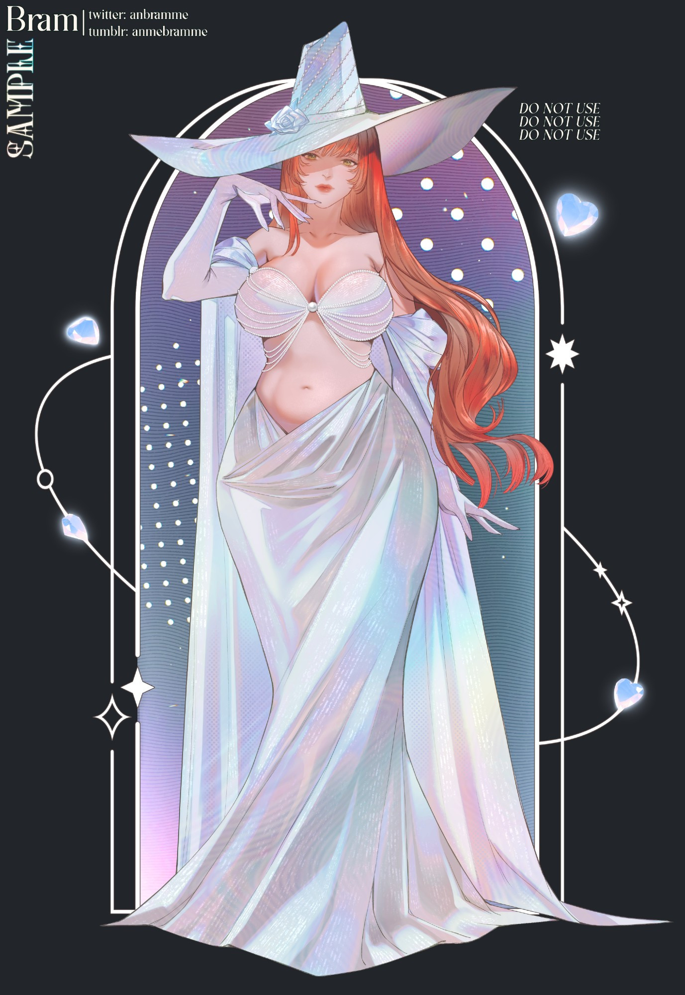 The image depicts a girl with long, wavy red hair wearing a flowing, iridescent metallic gown. She is also wearing a large wide-brimmed hat that matches the shimmering tones of her dress. The gown reveals her shoulders and part of her chest, held together by small pearl chains forming a V-shaped neckline. The fabric drapes around her body, elegantly flowing down.

In the background, there are decorative elements: dots, glowing hearts, and smooth lines, creating a magical and futuristic atmosphere. The overall style of the image suggests a fantastical or magical setting with elements of glamour and mystery.