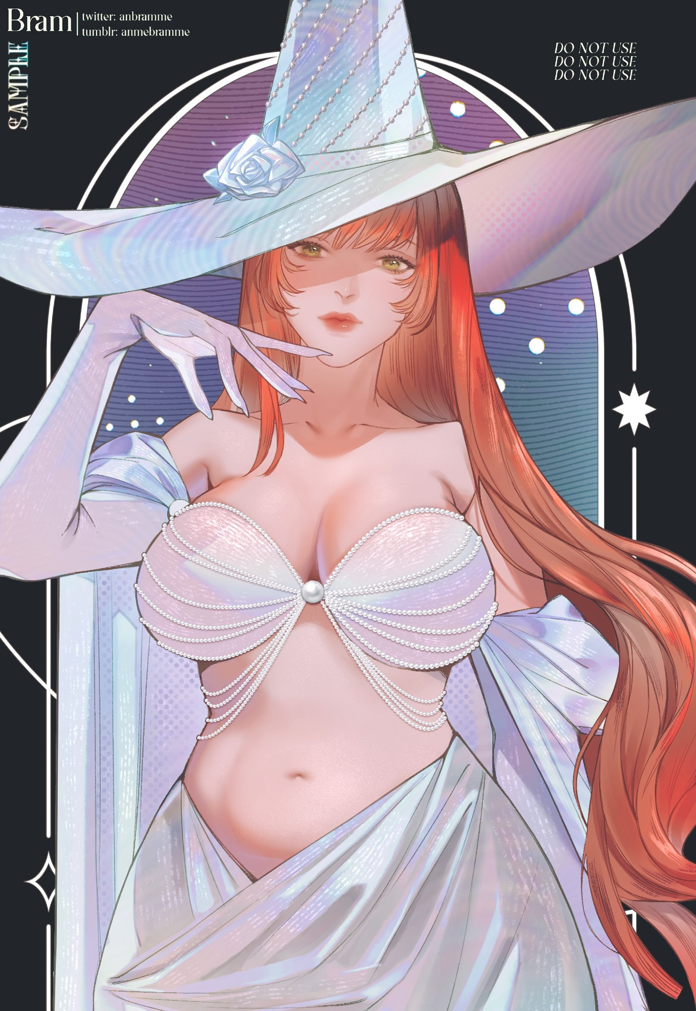 The image depicts a girl with long, wavy red hair wearing a flowing, iridescent metallic gown. She is also wearing a large wide-brimmed hat that matches the shimmering tones of her dress. The gown reveals her shoulders and part of her chest, held together by small pearl chains forming a V-shaped neckline. The fabric drapes around her body, elegantly flowing down.

In the background, there are decorative elements: dots, glowing hearts, and smooth lines, creating a magical and futuristic atmosphere. The overall style of the image suggests a fantastical or magical setting with elements of glamour and mystery.