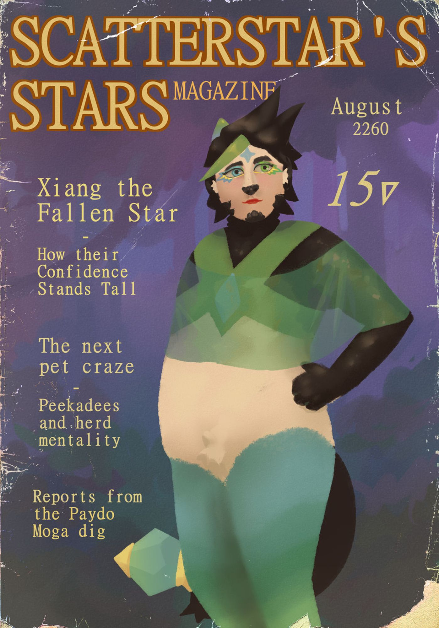 Digital Illustration of a mock magazine cover featuring a humanoid figure in the center. He wears a shawl made of translucent green fabric. His eyes are framed by green, blue and gold makeup, and his lips are done with glossy red lipstick. The text reads: "Scatterstar's Stars Magazine. August 2260. 15∇ (15 Tokens). Xiang the Fallen Star - How their Confidence Stands Tall. The next pet craze - Peekadees and herd mentality. Reports from the Paydo Moga Dig.