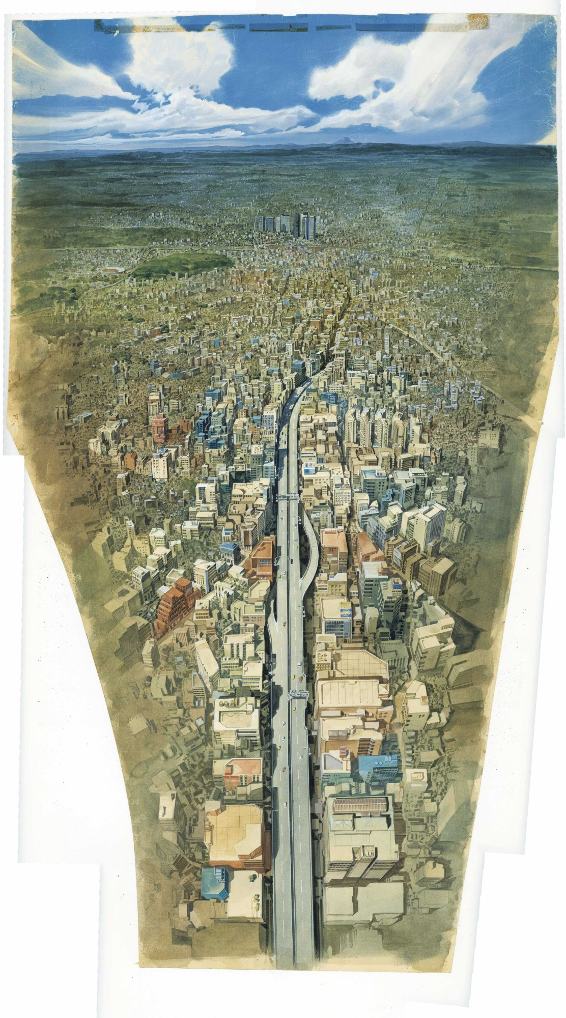 Detailed cityscape where the almost top-view on its bottom gradually shifts to a far away horizontal landscape. A street leading vertically to the city centre is gracefully dividing the bottom part of the picture.