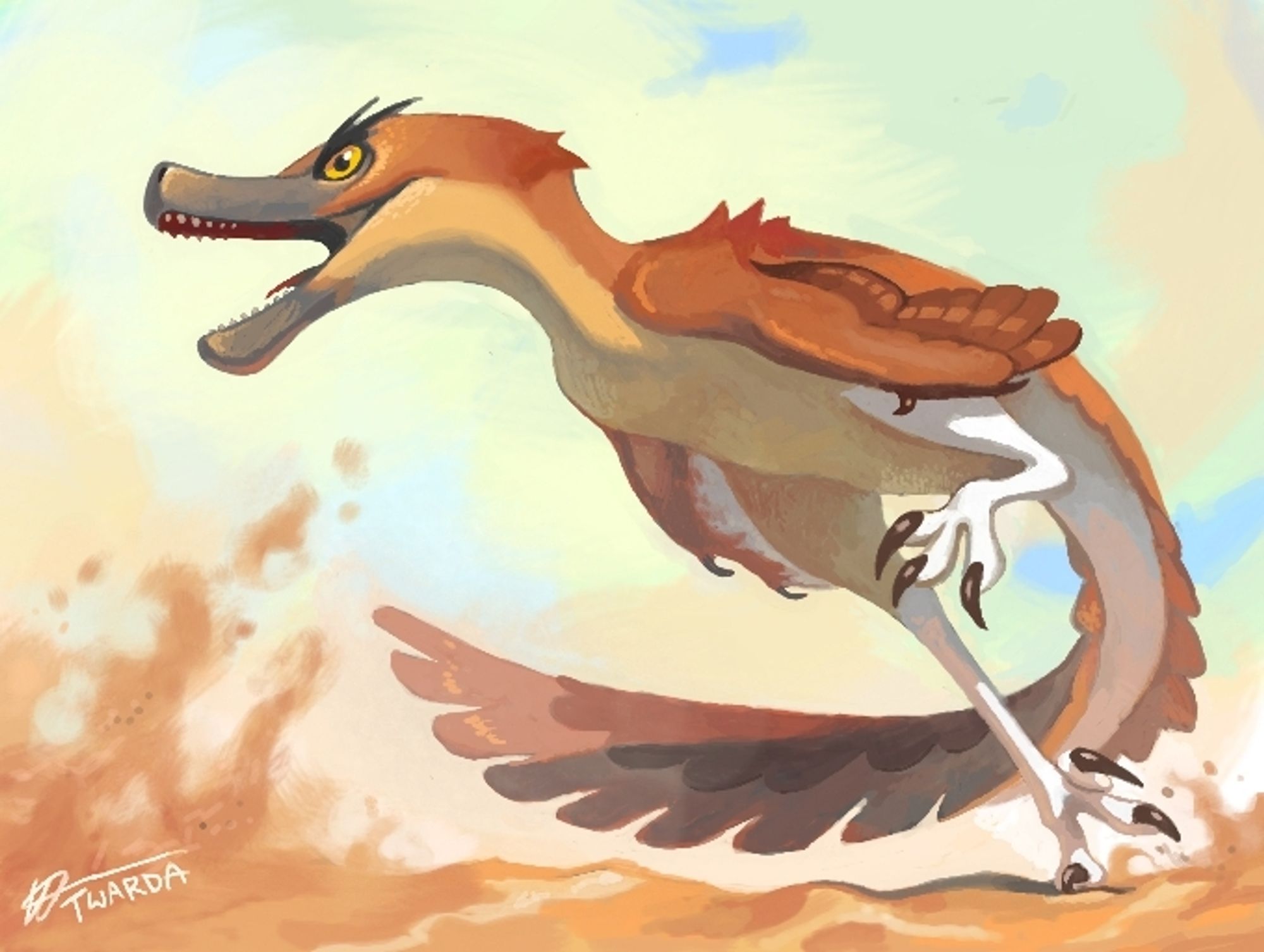 A stylised painting of a dinosaur in a dynamic pose, turning around.