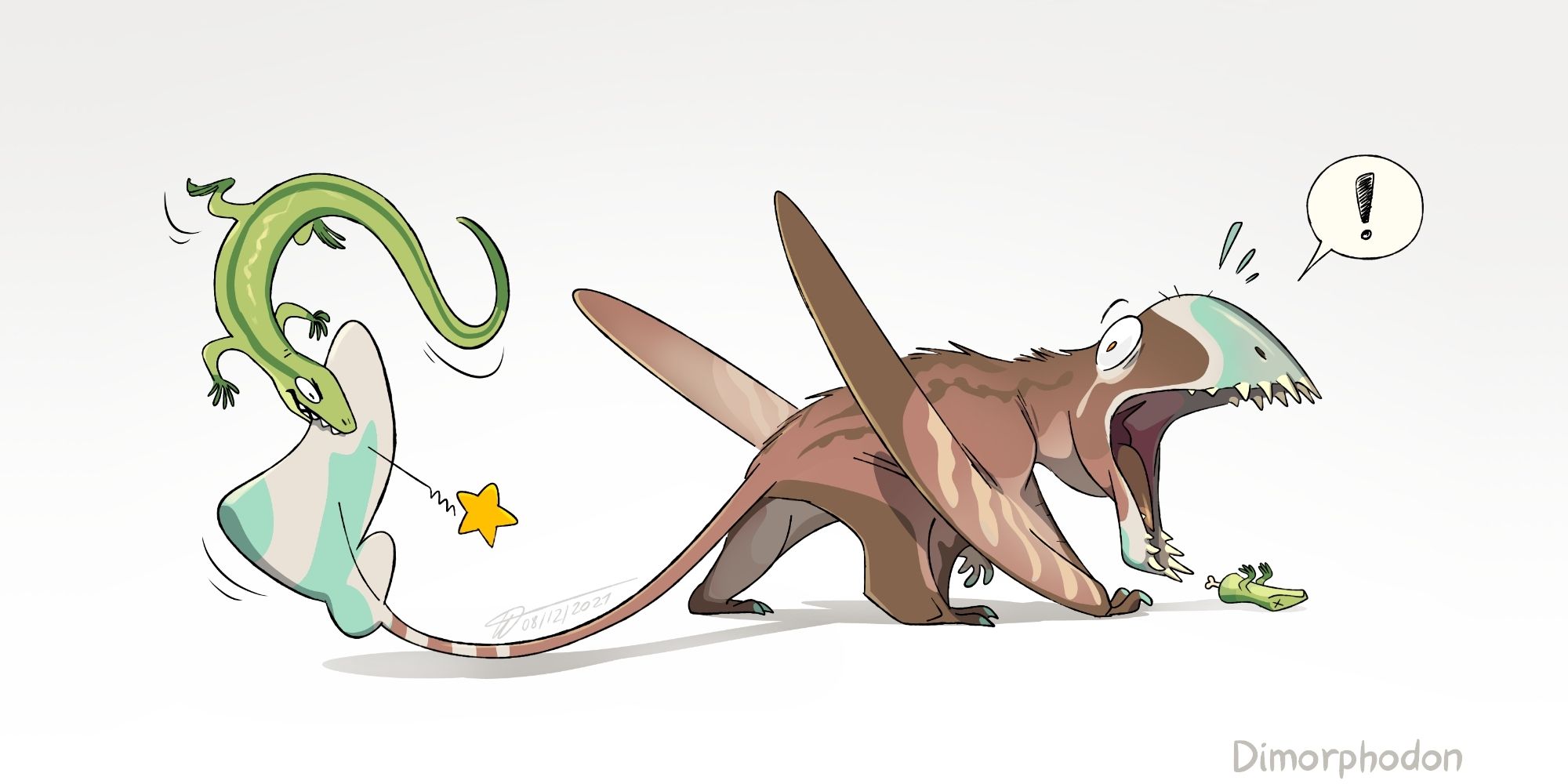 A paleoart drawn in a stylised, cartoony way: the Dimorphodon is struck surprised by a small lizard which bites its tail.