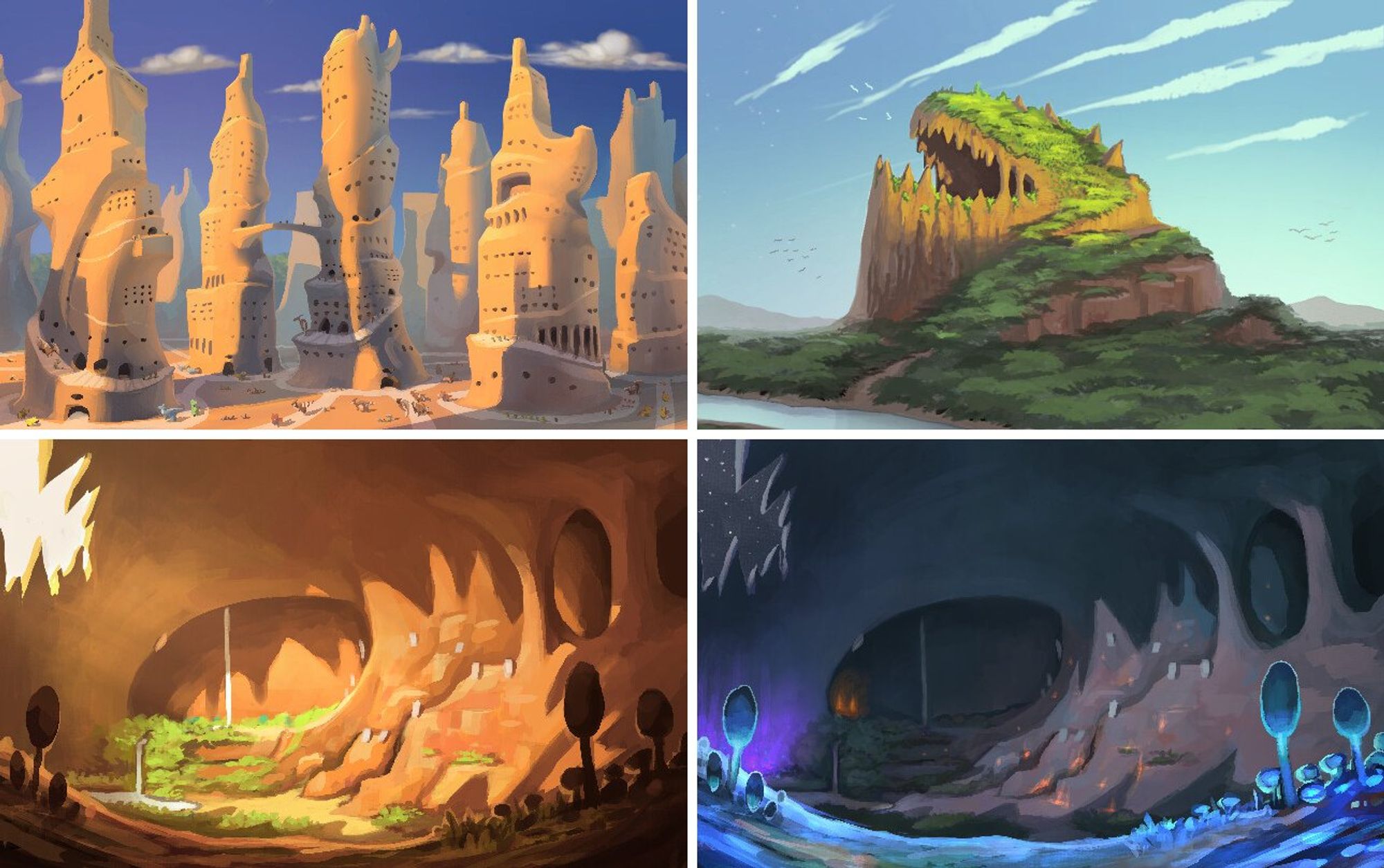 Four background illustrations portraying various in-game locations. Assets done for loading screens and Encyclopedia in Zniw Adventure.