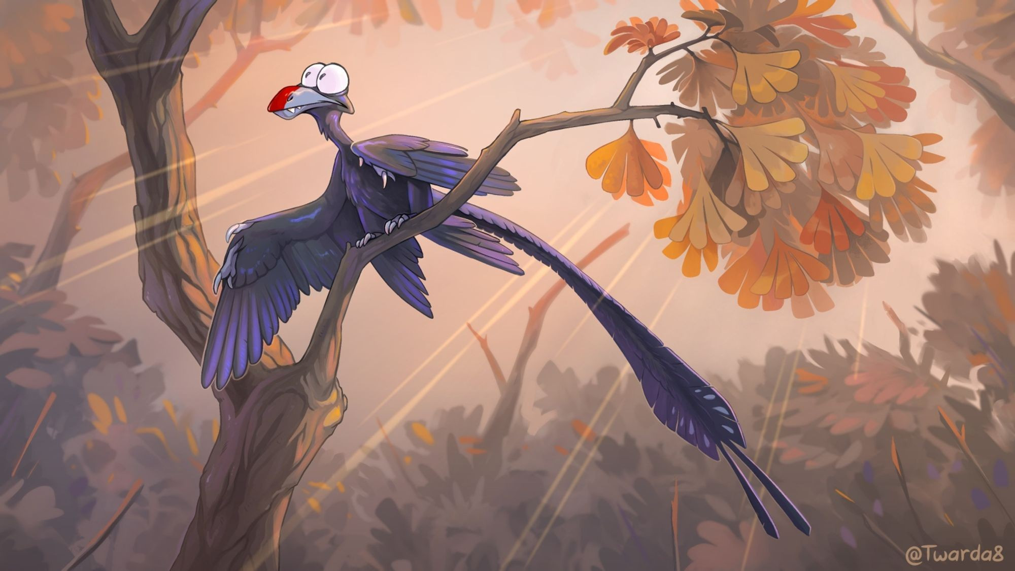 A stylized Microraptor painting, the animal is sitting on a branch. Autumn vibes with Gingko.