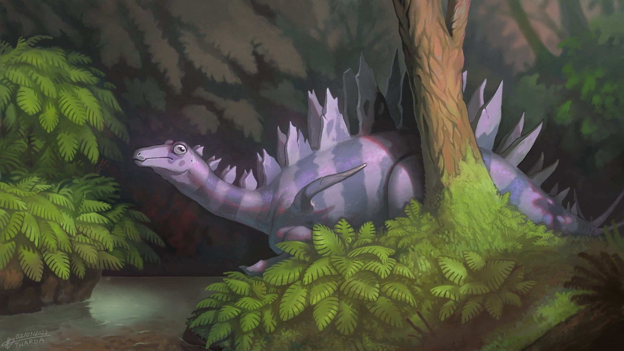 Stylised painting Tuojiangosaurus in a forest