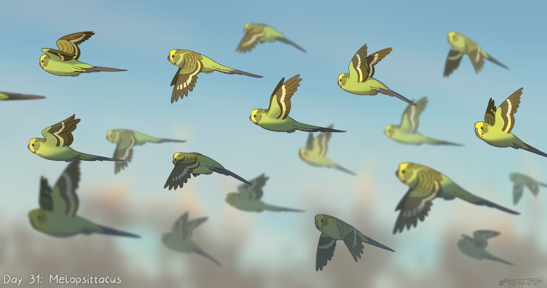 Illustration of a flock of budgerigars flying in the golden hour setting