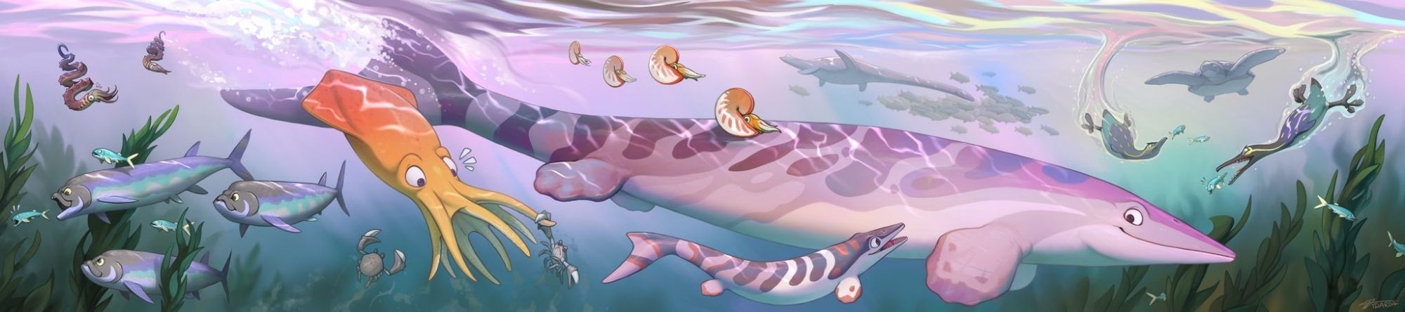 Underwater paleoart featuring a lot of marine animals from the late Cretaceous