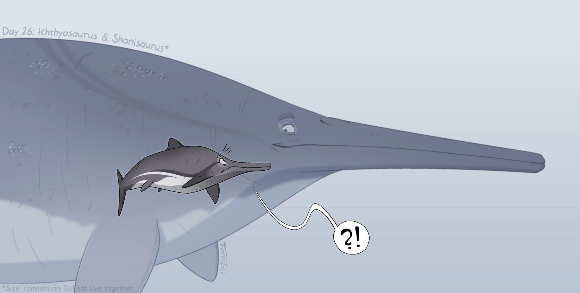 Two species of ichthyosaurs showcasing the size differences: the large Shonisaurus in the background is towering over the Ichthyosaurus.