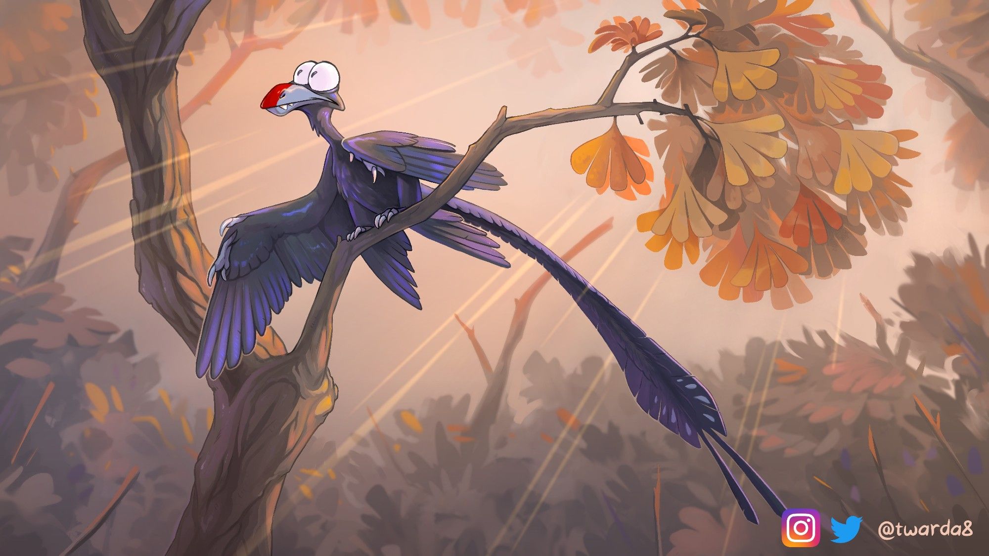 Stylized paleoart of a Microraptor sitting on a Gingko branch. Private client commission for an unreleased game concept.