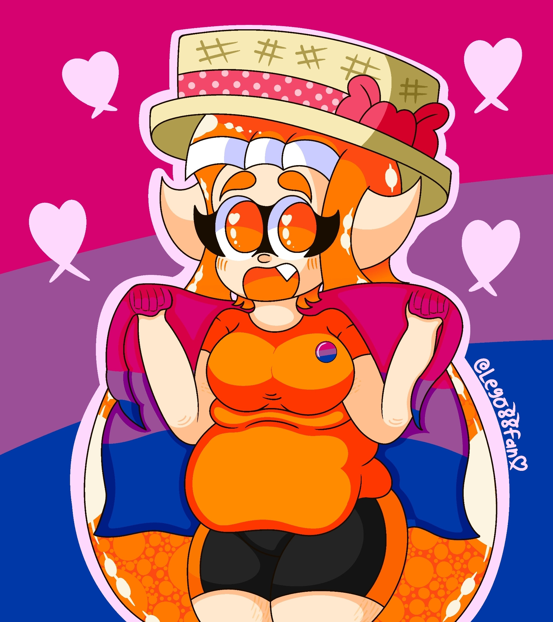 A plus sized/chubby orange inkling girl with a straw boater hat holding a Bisexual flag.