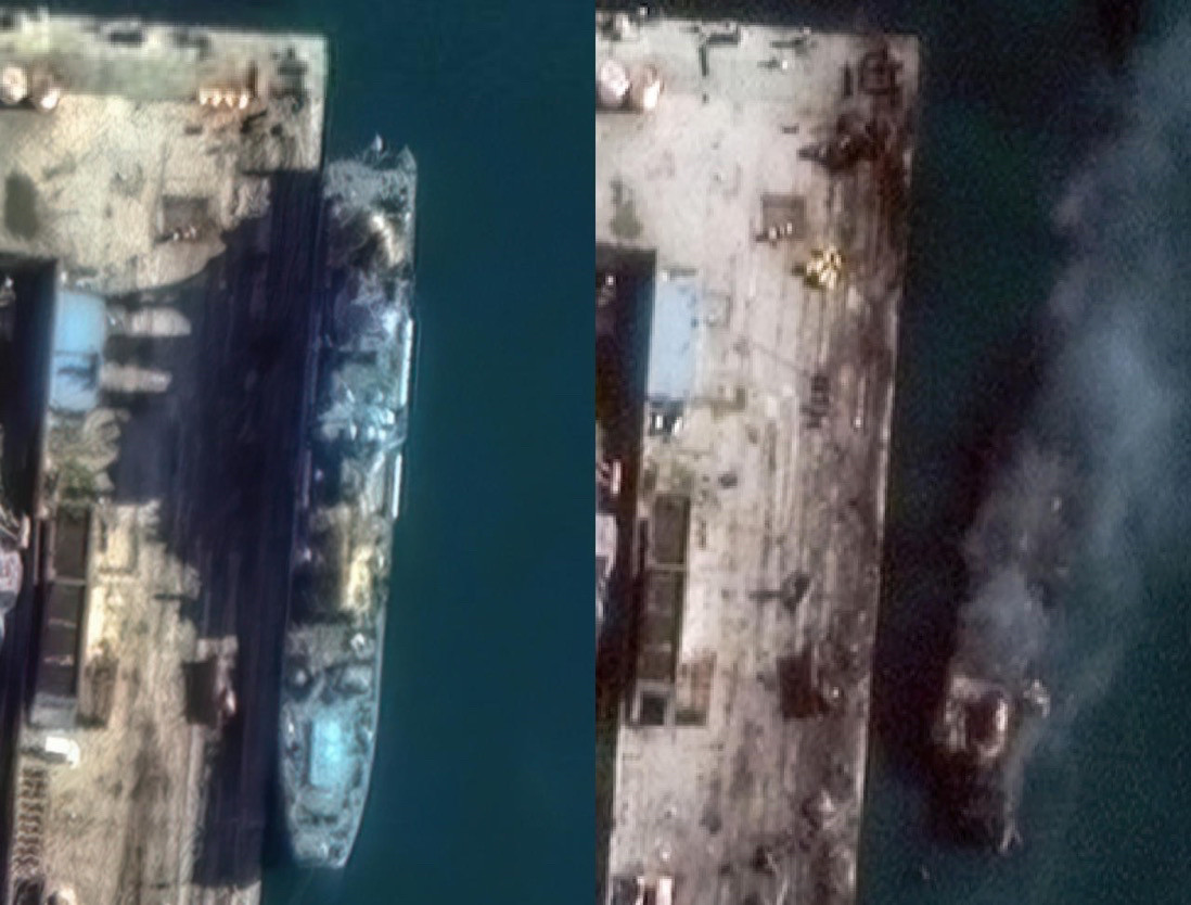 Zwei Satellitenfotos: Links schönes Schiff. rechts: Schiff so beschädigt, dass es zerstört ist.