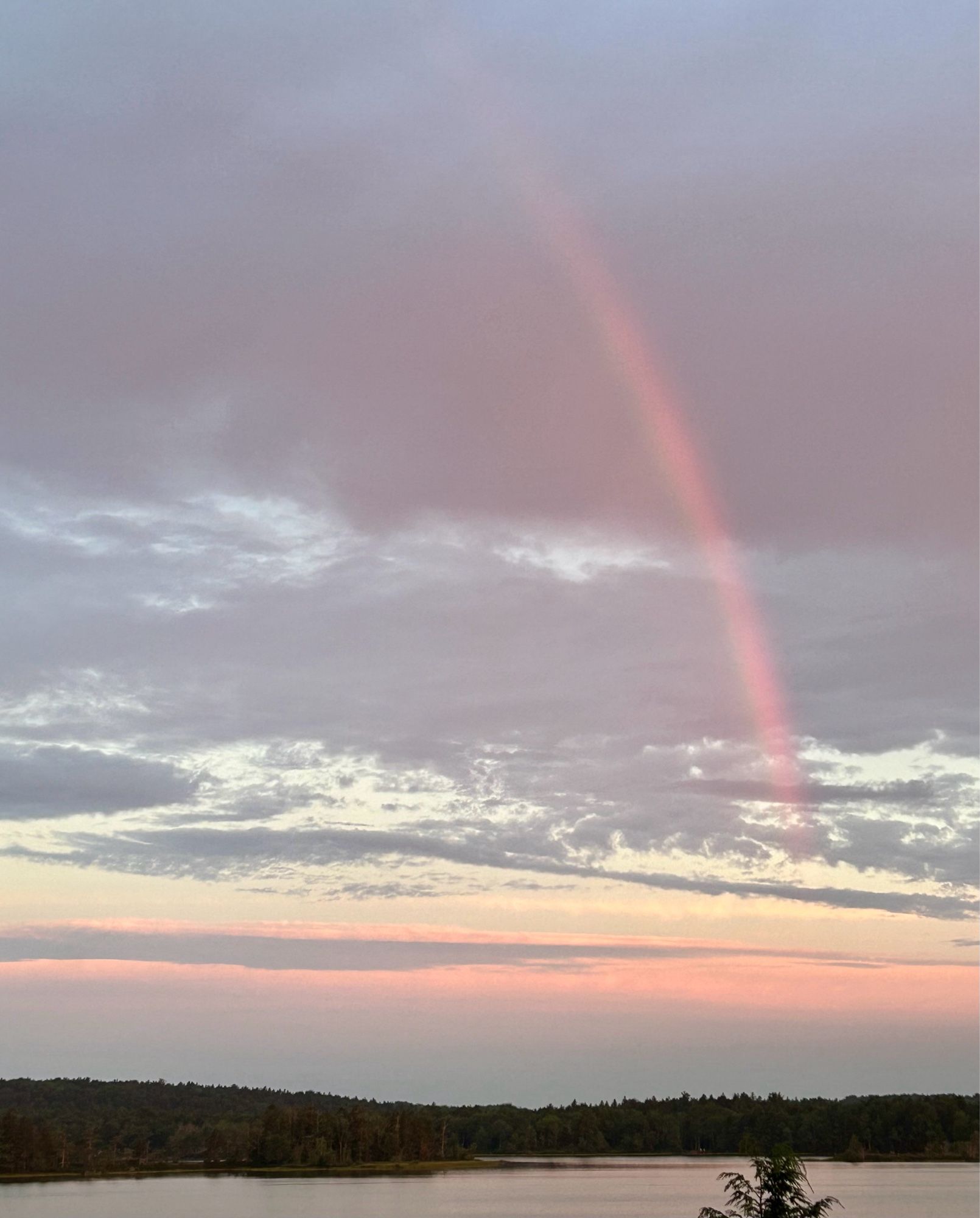 A pink rainbow reaching down towards a pink-tinged sunrise. Tree line and lake in the foreground.