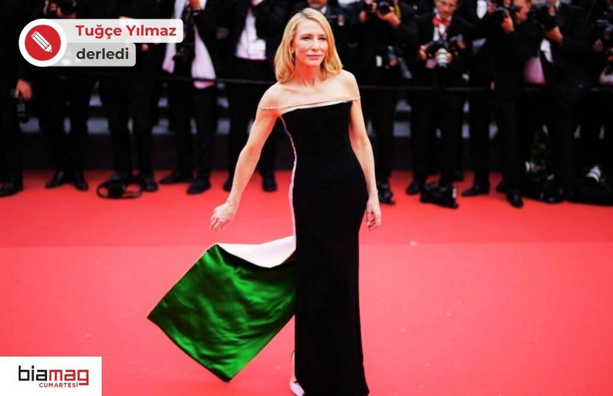 Cate Blanchett, 77. Cannes Film Festivali'nde Filistin bayrağının renklerine atıf yapan elbisesiyle, Fotoğraf: Reddit