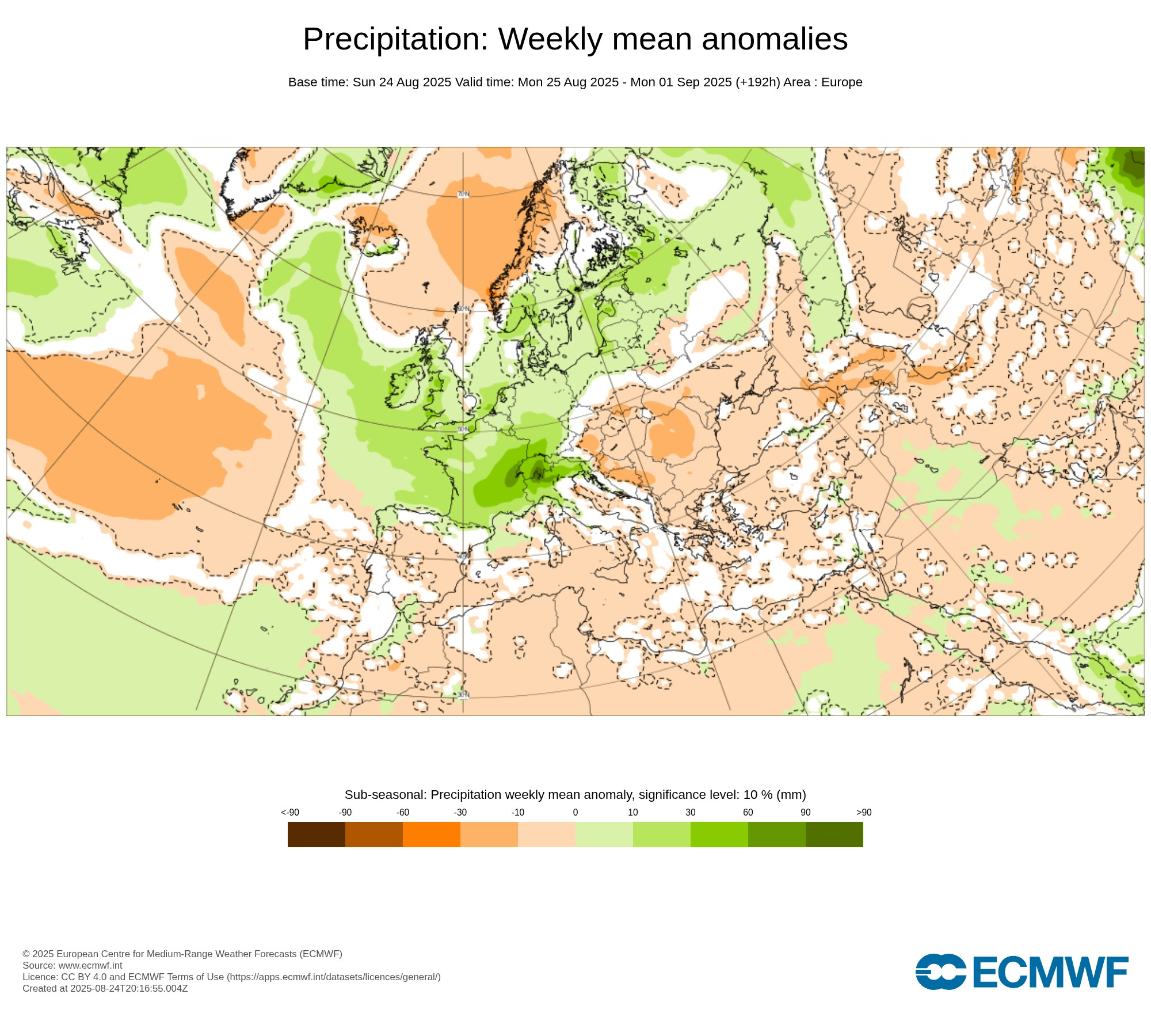 Prévision d'anomalie de précipitations pour la semaine du 25 au 31 août. Prévision d'ensemble subsaisonnière ECMWF