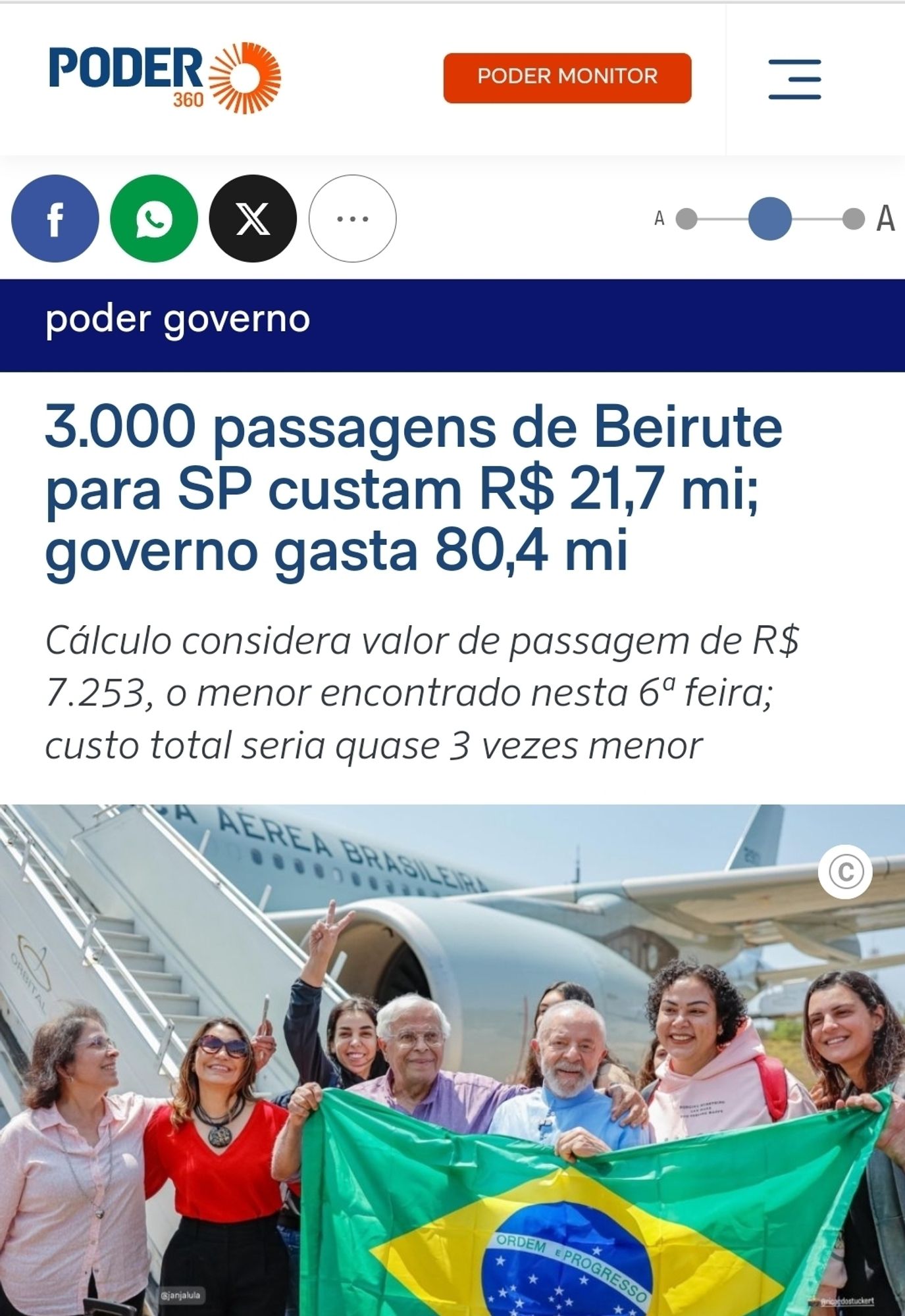 Print do Poder360 com o título 3.000 passagens de Beirute para SP custam R$ 21.7 mi; governo gasta 80,4 mi