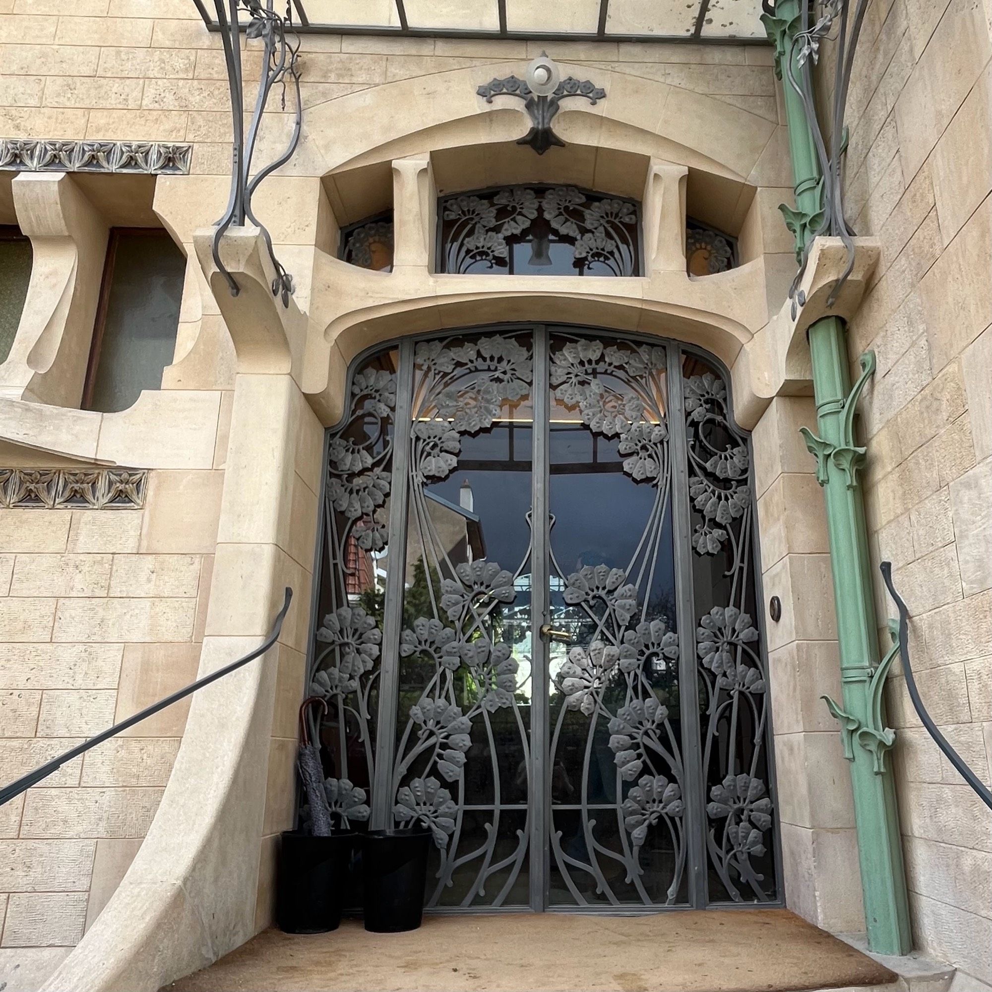 The floral metalwork decorating the front door of the Villa Majorelle