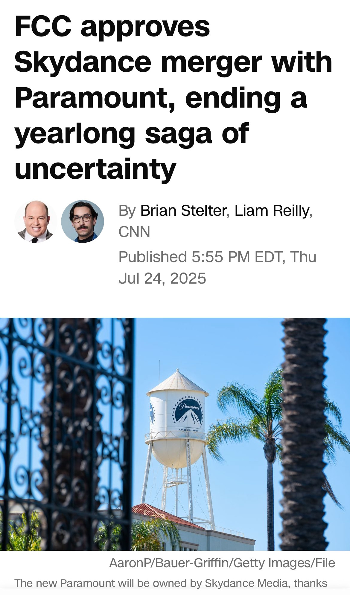 CNN headline about the FCC approving the Skydance-Paramount merger. 
