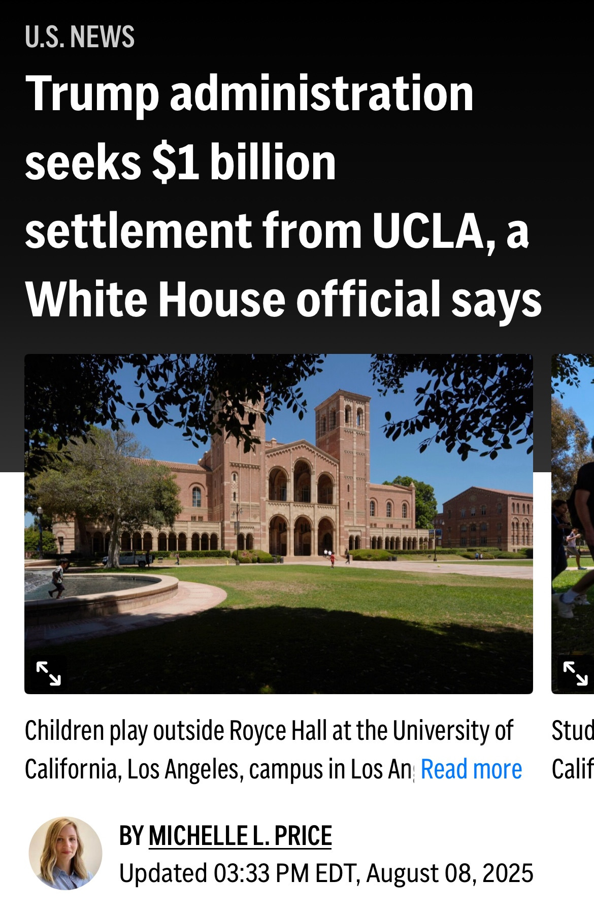 AP Headline: Trump Administration seeks $1 billion settlement from UCLA, a White House official said. 