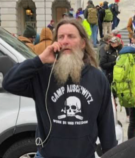 Picture of a 1/6 insurrectionist wearing a “Camp Auschwitz” sweatshirt to the riot. 