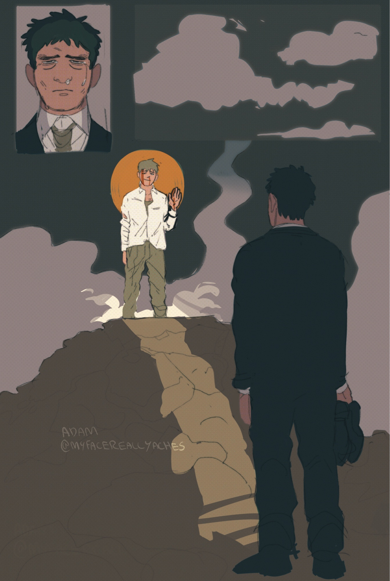 A digital drawing of Reigen Arataka and Serizawa Katsuya from Mob Psycho 100. Reigen is to the left standing on a pile of rubble and debris, waving at Serizawa with an exhausted expression on his face. Blood is streaming down his face. To the right is Serizawa, his back facing the viewer. He's looking up at Reigen and holding his abandoned shoes. At the top left of the screen, there is a panel of Serizawa with tears streaming down his face, and some clouds.