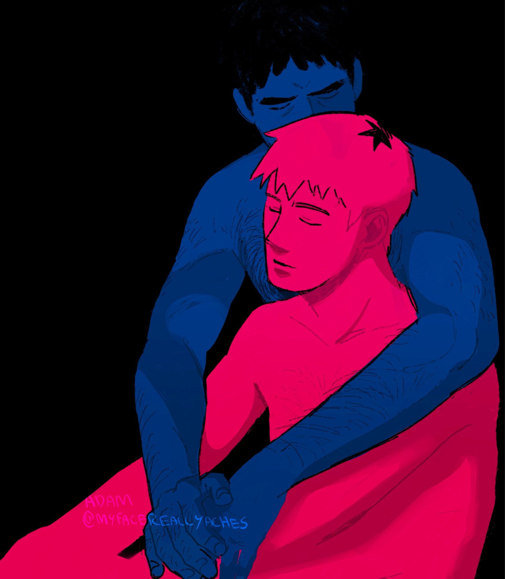 A digital drawing of Serizawa Katsuya and Reigen Arataka redrawn as TV Girl’s album cover: “Who Really Cares”. Reigen is colored pink, his arms wrapped around his legs and his eyes shut. Serizawa, who is colored blue, is behind Reigen, his arms wrapped around his shoulders. His face is partially hidden by Reigen’s head, and his eyes are shut as well.