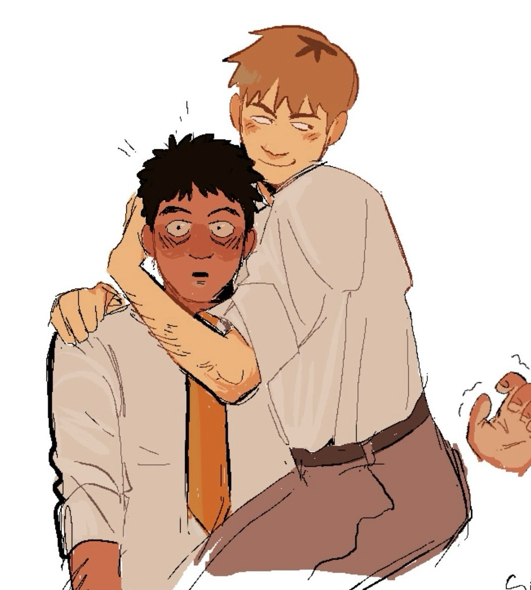 A digital half-body drawing of Reigen Arataka and Serizawa Katsuya from Mob Psycho 100. Reigen is sitting on Serizawa's lap with a smirk, looking off. He has his arms wrapped around Serizawa's shoulders. Serizawa sits there stiffly, a flustered a expression on his face. One of his hands hover over Reigen's waist, shaking.