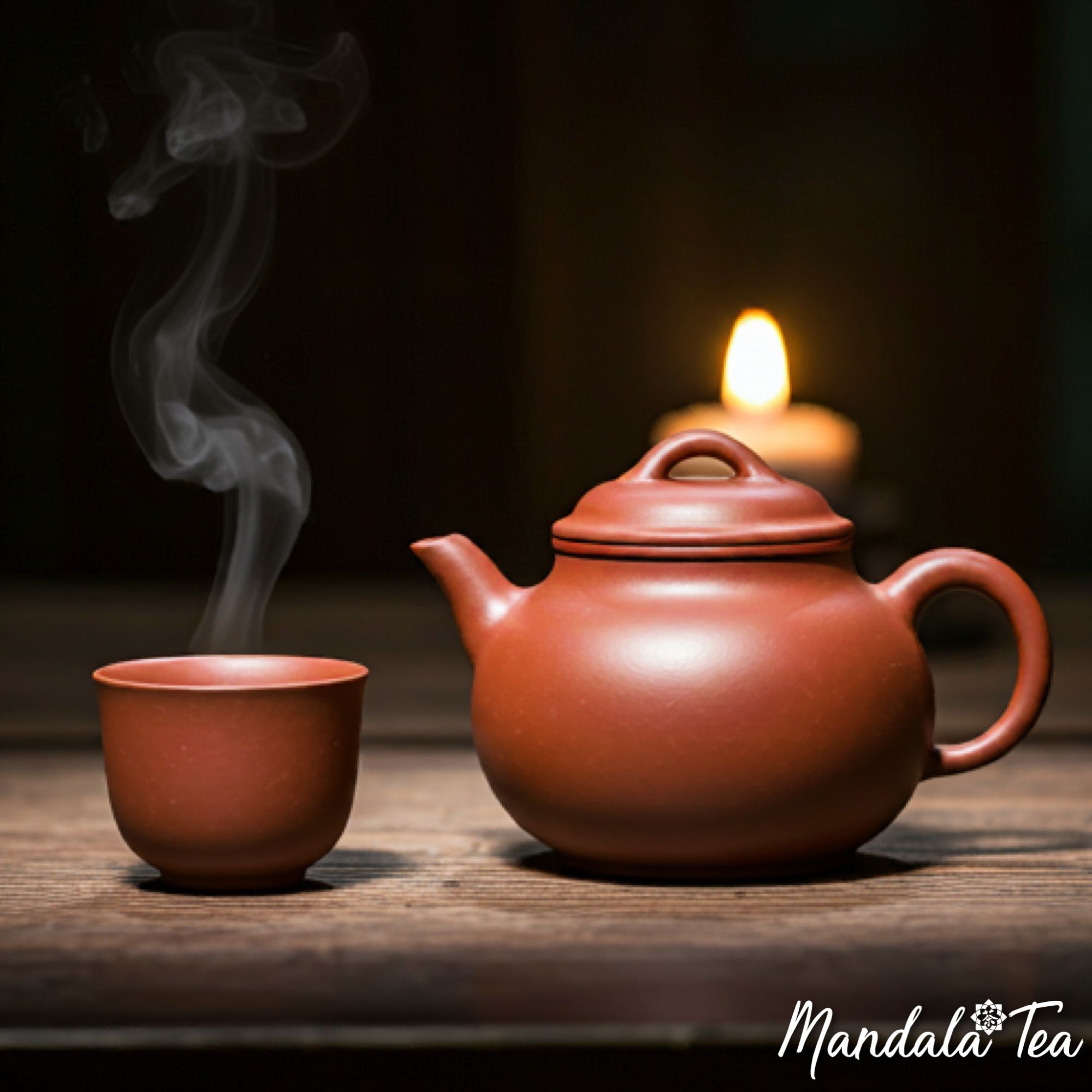 Image of an yixing clay tea pot and cup by candlelight.