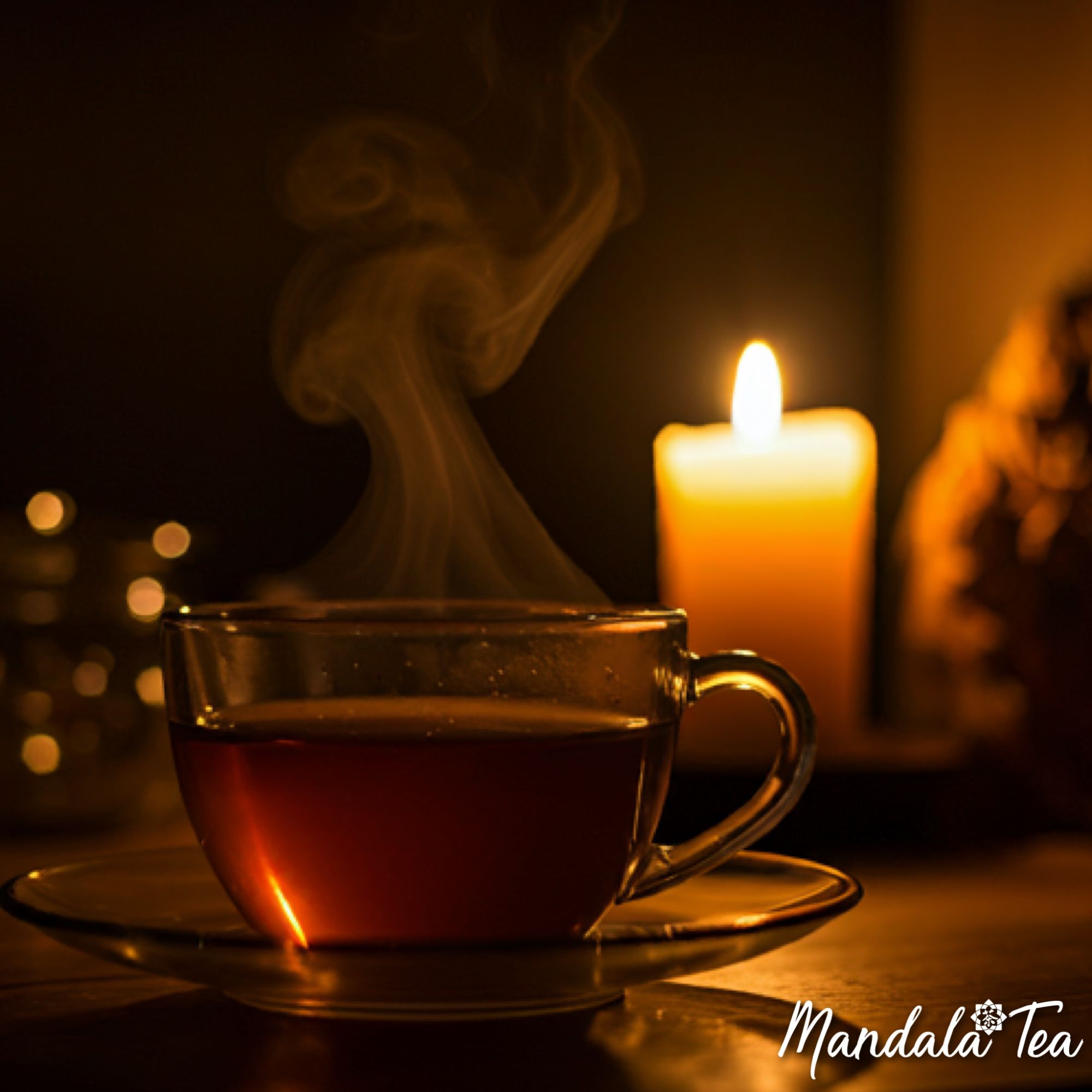 Image of a steaming cup of hot tea in a candle lit room.