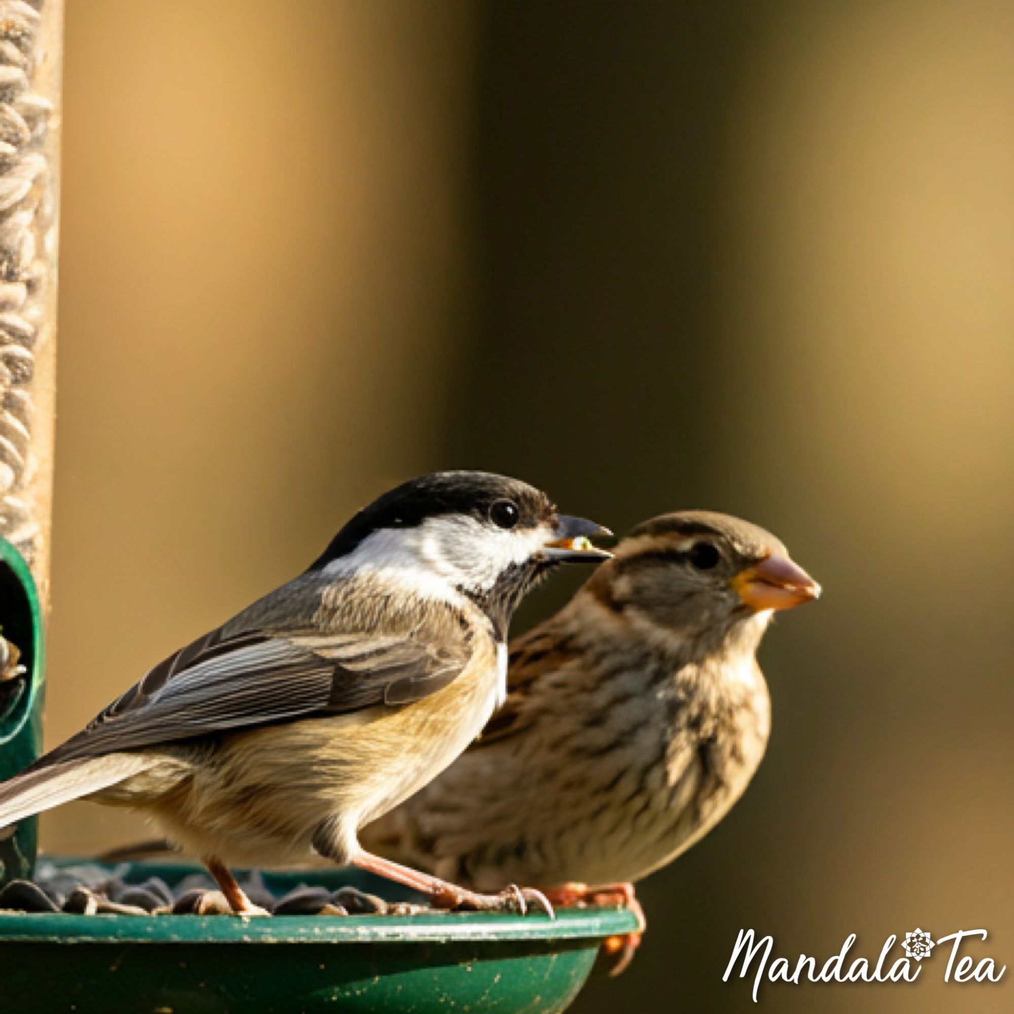 Image of a chickadee and a house sparrow sitting at a birdfeeder together.