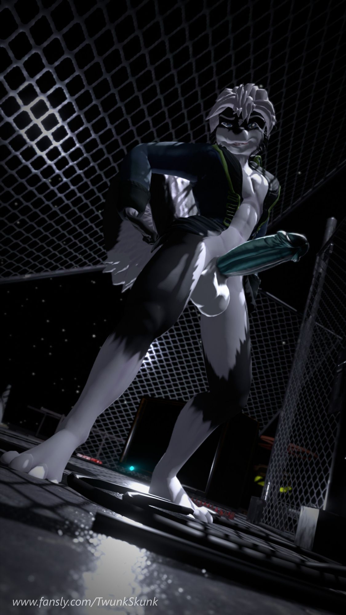 Bottomless male anthro skunk with shiny black erection and an open-faced coat standing amidst wire fencing and cables; the skunk looks smug as he poses