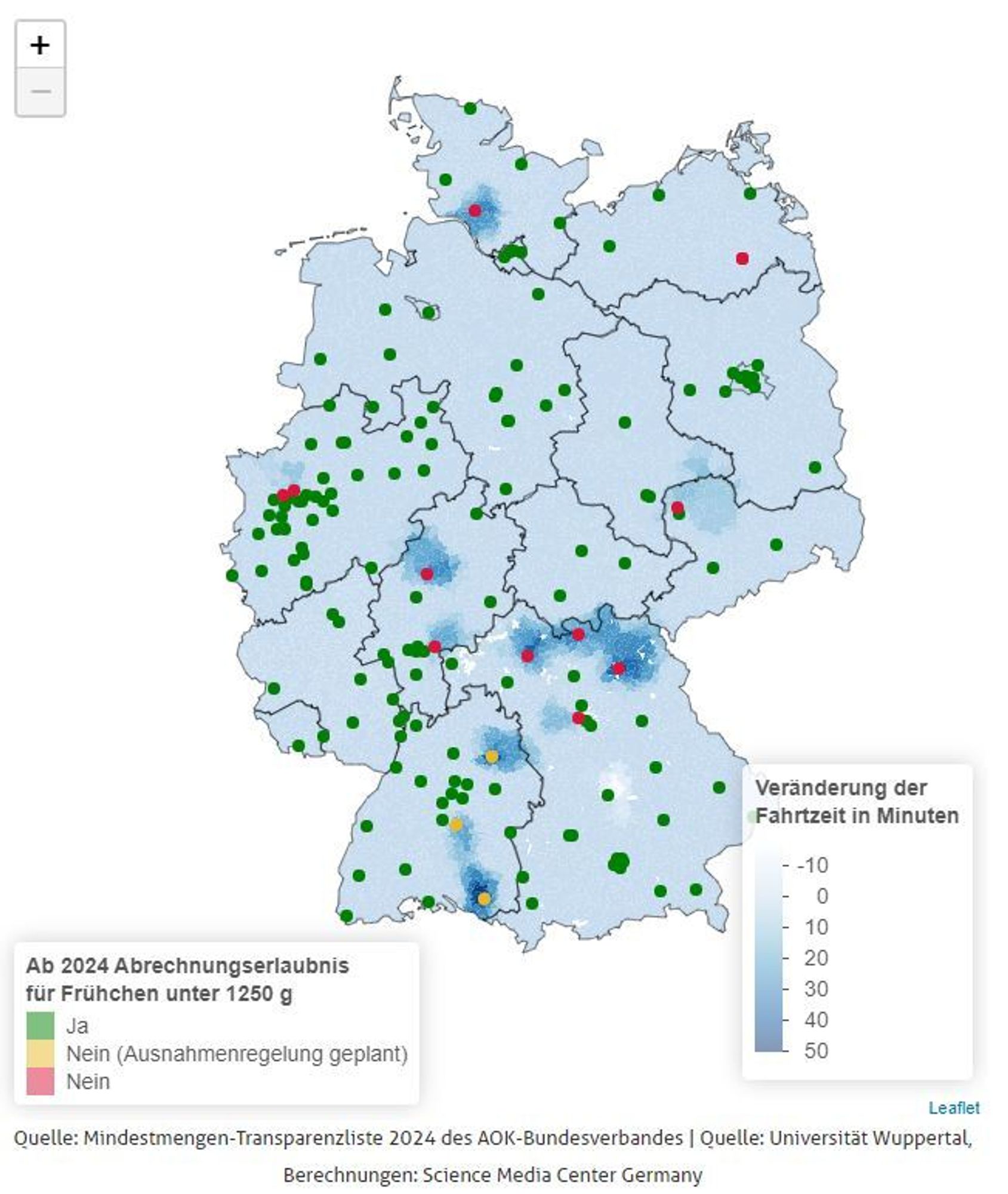 Deutschlandkarte mit markierten Level-1-Kinderkliniken. Farblich markiert die regional längeren Fahrzeiten durch die Veränderungen bei der Abrechnungserlaubnis ab 2024