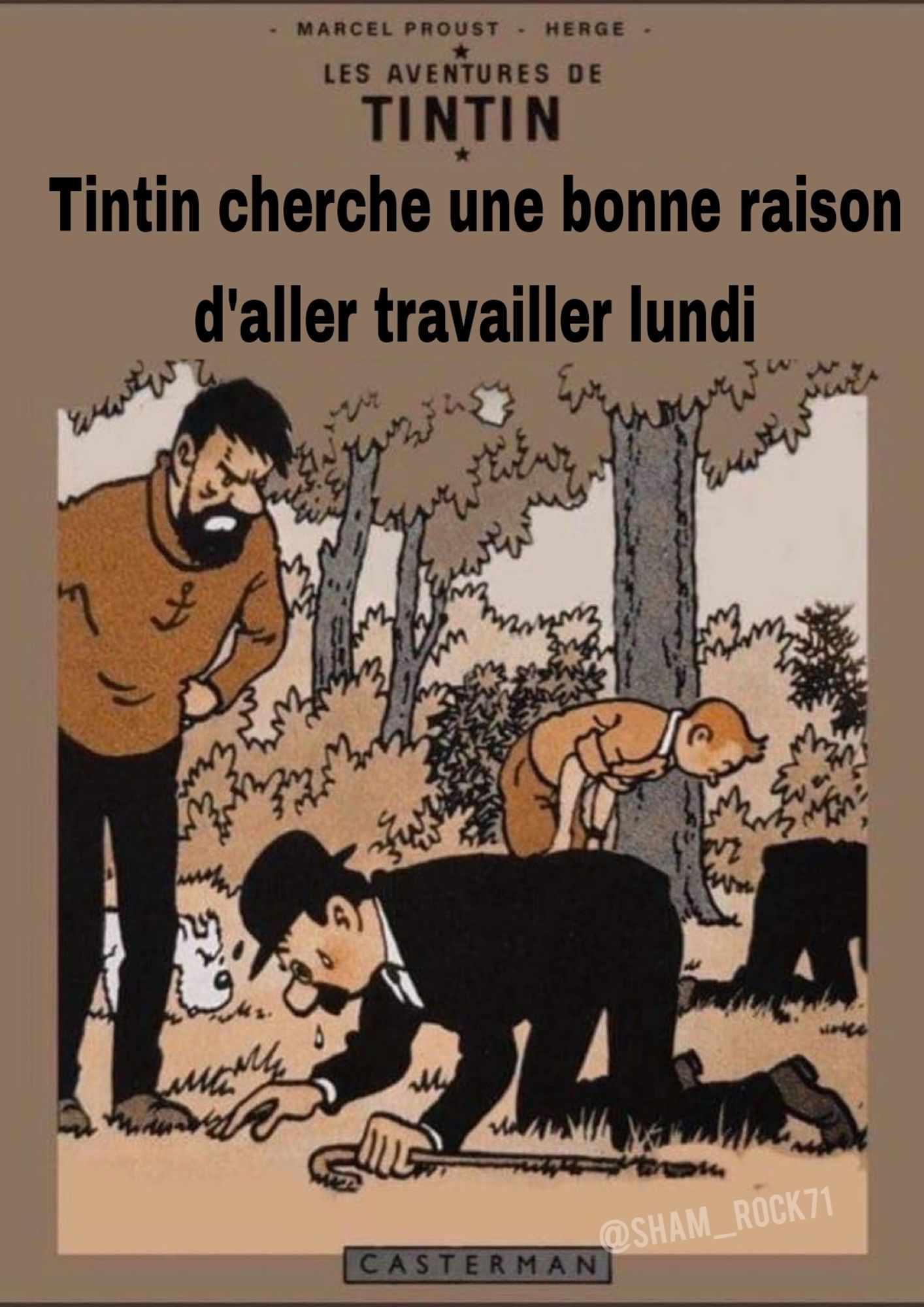 Couverture de Tintin:
Tintin cherche une bonne raison d'aller travailler lundi.