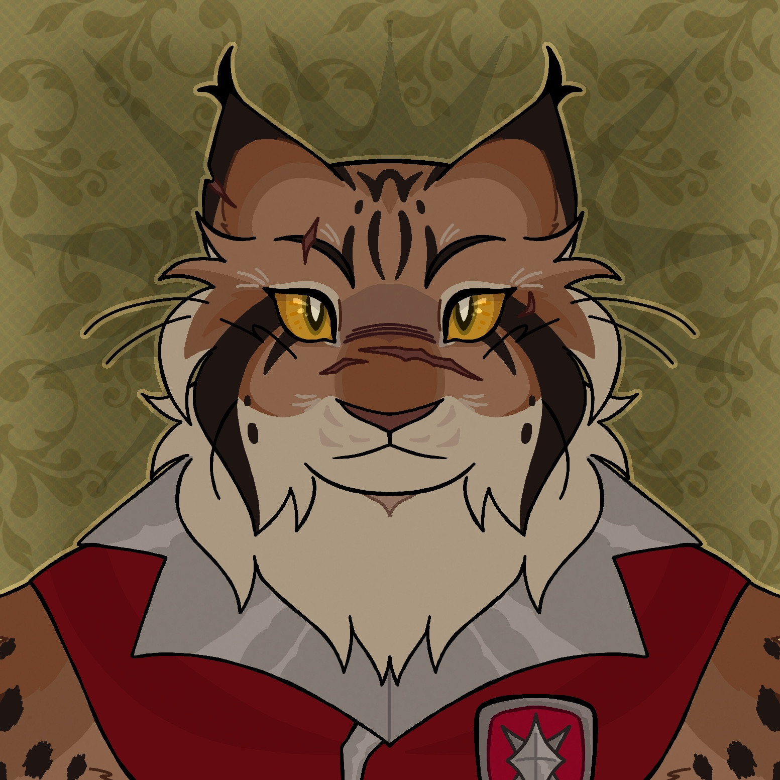 An anthropomorphic bobcat character looks directly ahead. with a neutral expression. They have scars on their face and a few gray hairs growing in. They’re wearing a red and silver outfit, featuring a matching badge with a multi-pointed star-like symbol on it. 