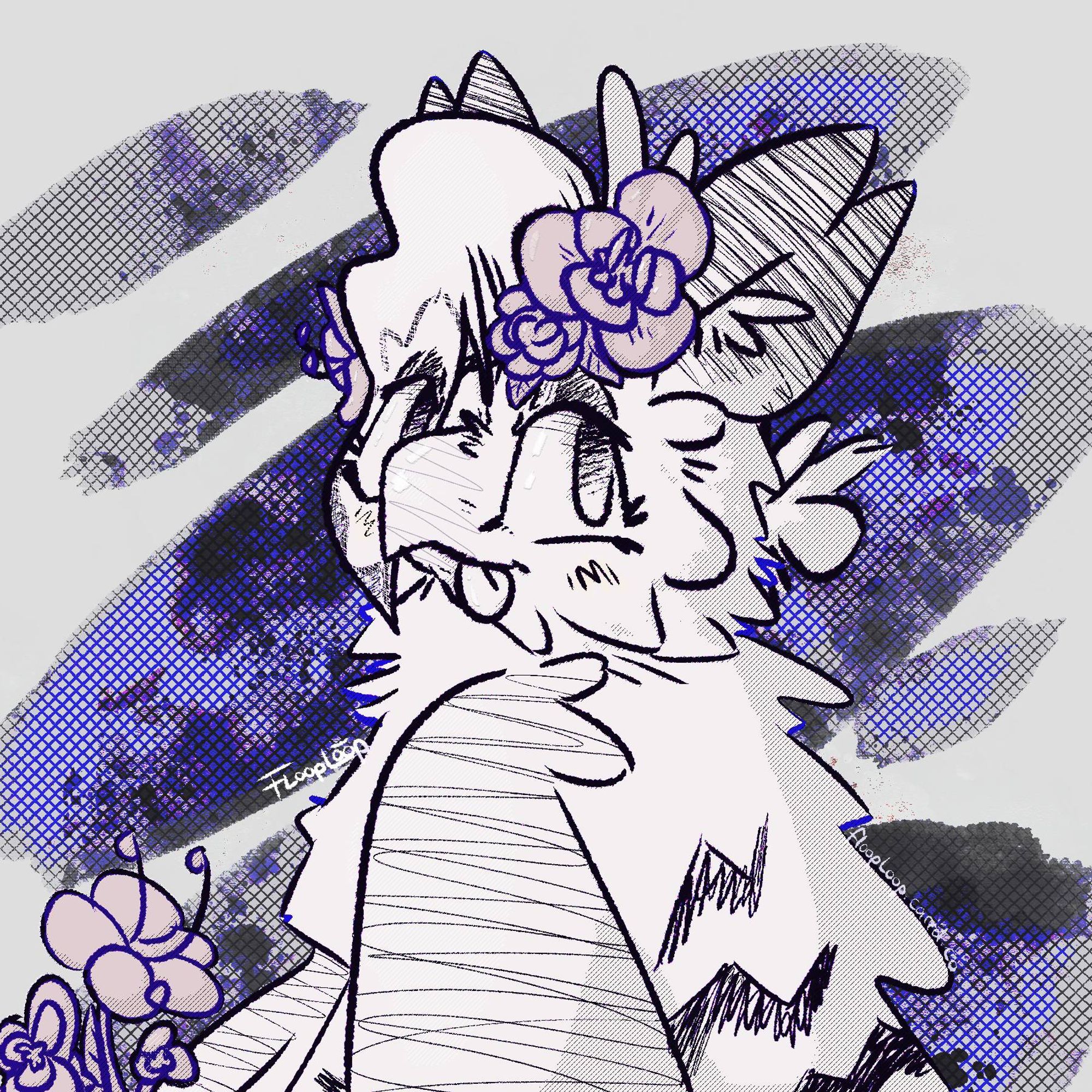 (2024-08-20)

Owl-cat like creature with flowers in their hand, a flower wreathe on their head and their tongue sticking out in a cheeky way, facing obliquely away from the viewer with only their head facing the camera.

---

The original suggestion was: "flower crown!".