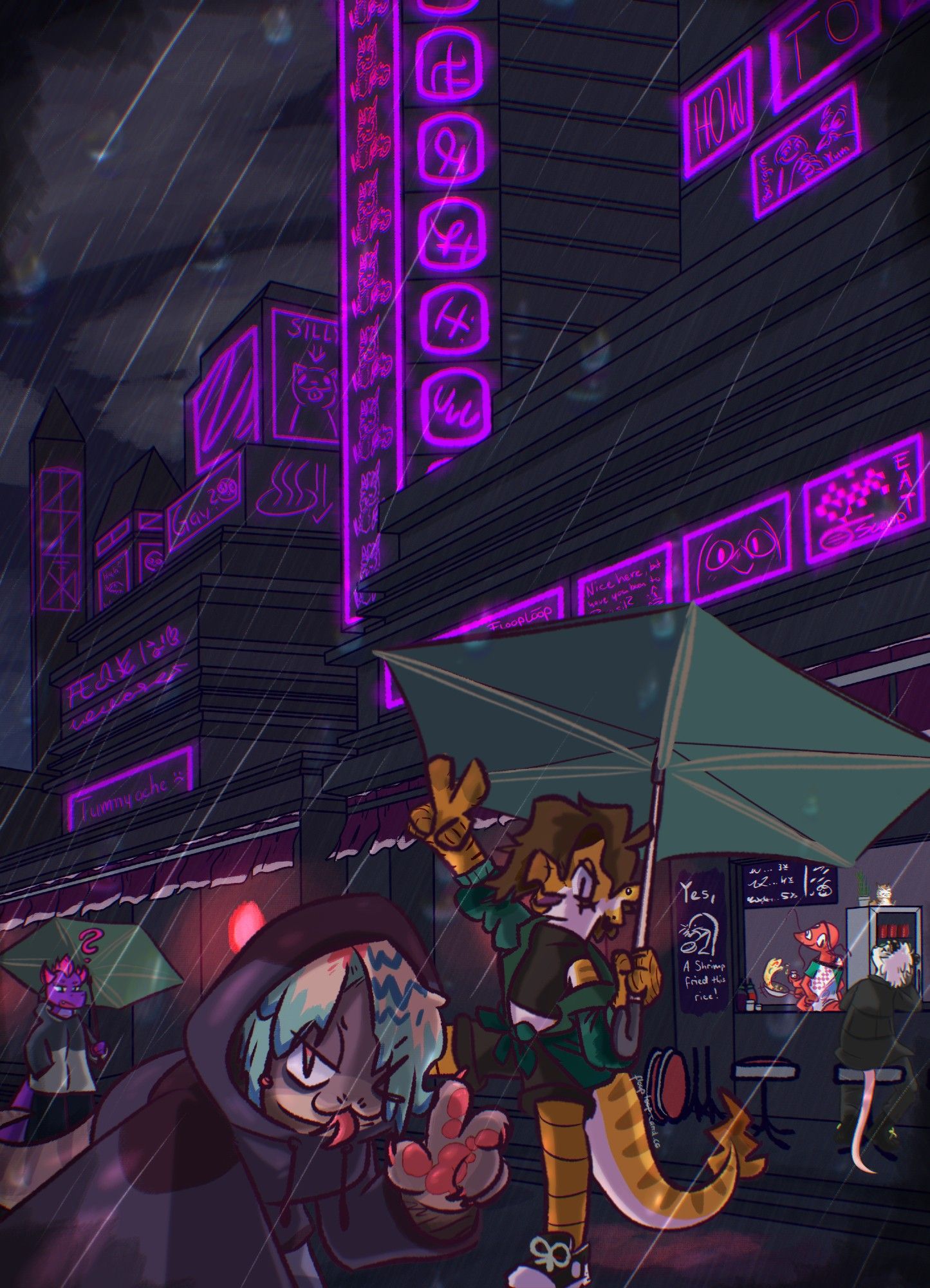 (2024-07-14)

A rainy night in a big city with red, magenta and purple neon  lights all around.  There's multiple characters interacting with one another inspite of this time and weather.

---

I've been working on this for like 8 days, totaling ~40 hours.
Most of the time I was just drawing passively, so not too efficient sometimes.
This was so much more work and pain than I anticipated and in the end, I have decided to cut a few plans here and there, but I'm still happy with the end results overall!

Violet:  @scalyknight
Malibu and Crab:  @CrabPlant_
Scamp:  @ThatLazyRat
Cas:  pidgezz (linktr.ee/pidgezz)