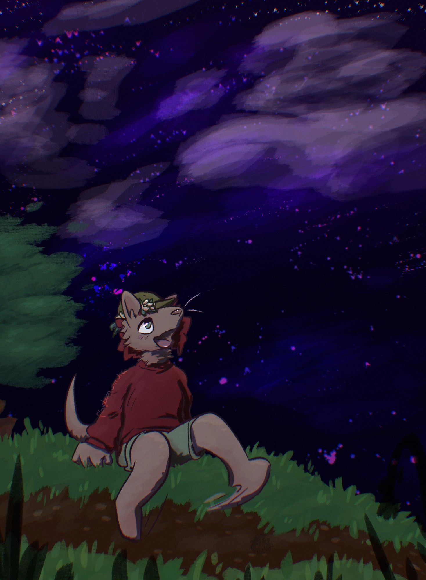 (2024-07-27)

Possum sitting on a grassy ledge, swinging their legs, while watching the night sky in awe.

---

A quick painted piece for artfight yet again, totaling ~4 hours of time including clean up.
I'm way too tired to write anything around it, but I hope you enjoy it eitherway! 💜

Crimson by https://toyhou.se/CrimsontheNugget