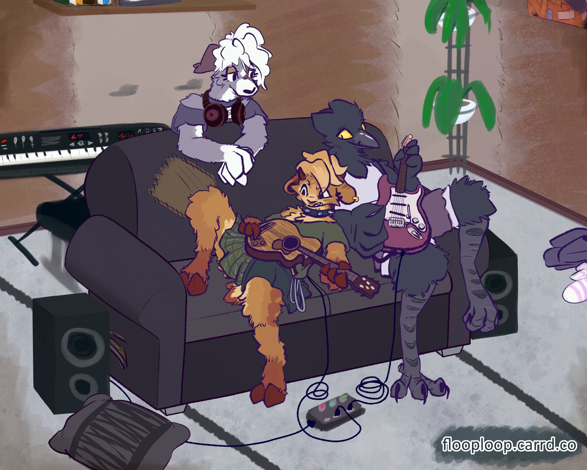 (2024-04-07)

3 critters of varying species hanging out together in their probably very stinky shack, vibing with one another and feeling it out with some tunes. (musical reference?!?!)

---

This is one of my proudest artworks, where I got around to drawing more ocs other than myself, I got more around drawing clothes and I was being a bit more passionate about another art form I love in visual art form!
The room portrait here is actually based on the one I did some jams in, drawn from memory with some extra choices.