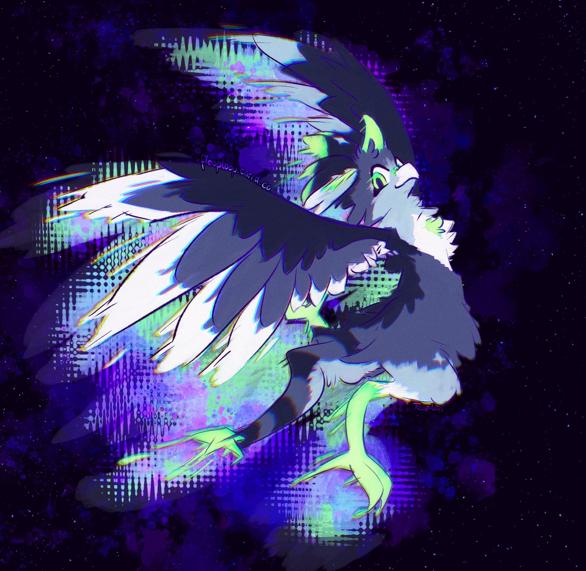 (2024-07-02)

Bird like creature flying under starry skies with trippy looking lights trailing behind.

---

My first Art Fight attack of the year for @corvidcurses's character Uni flying under some starry skies (more or less).
I thought the colour palette really fitted the purple-magenta stardust thematic and the minty green contrasted it really well, so I painted this up in ~5 hours!
It was a lot of fun to draw and a good start for this years event hehe!

Uni by @corvidcurse