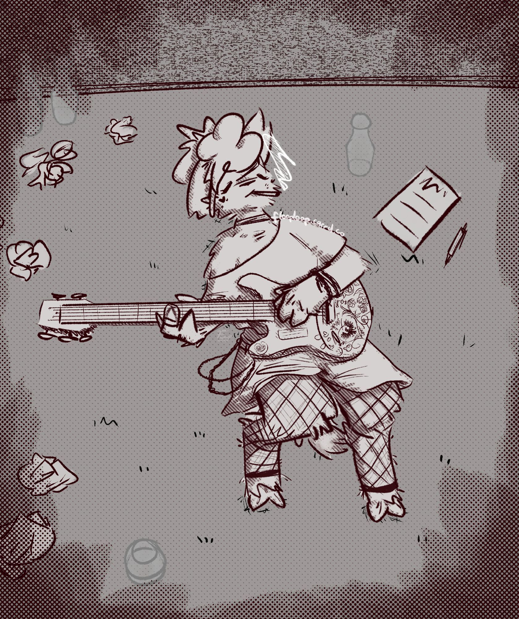 (2024-09-25)

Lama like creature playing a strat guitar lying on the ground with a cigarette hanging from her mouth. and a lot of bottles and paper lying around

---

This is a quick doodle of my character Ace, from my Band OCs thingie.