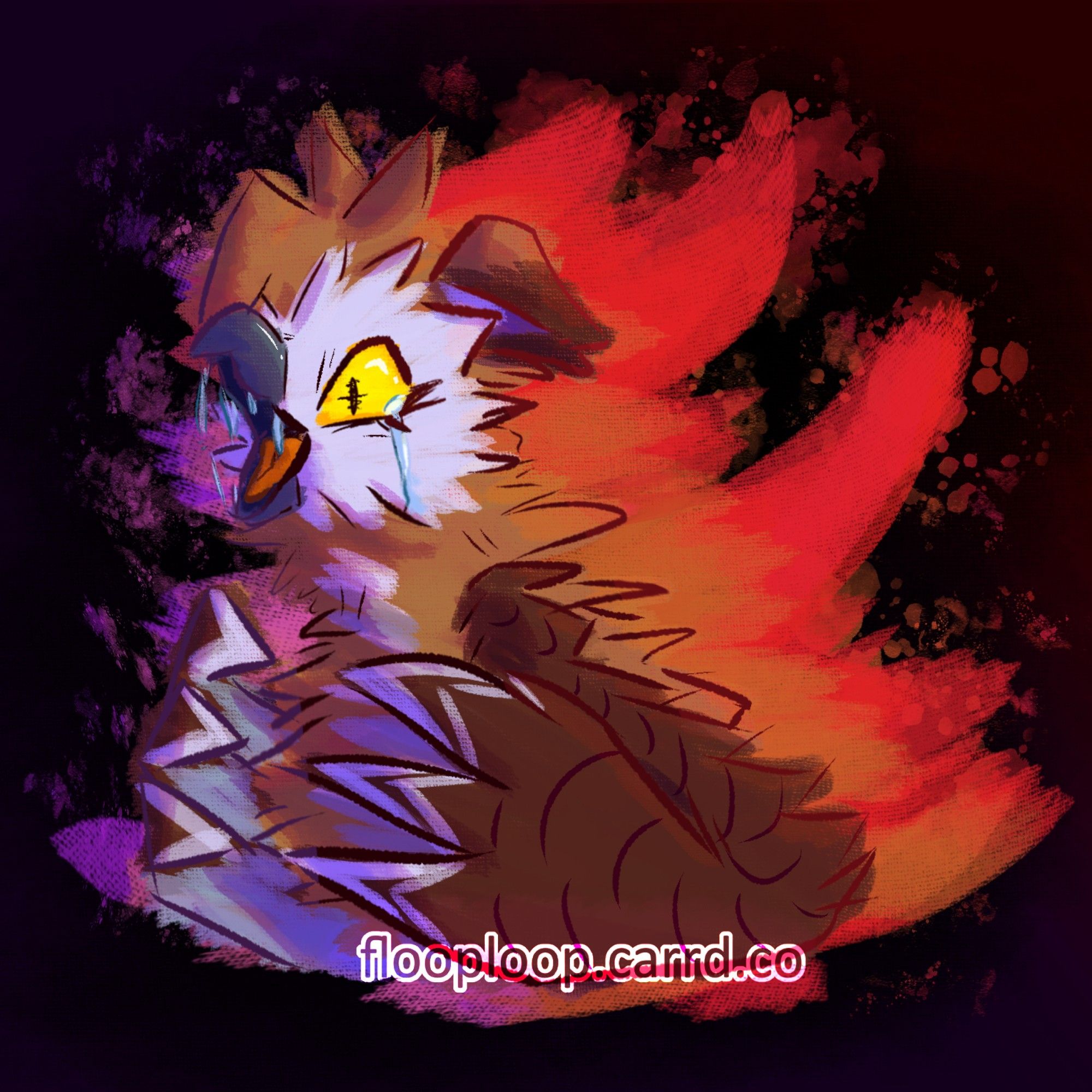 (2024-02-19)

An owl/cat like creature screaming with tears flowing down their face as they illuminate a dark room with fire like rage and pain flowing out of them.

---

This was my first attempt at digital painting and this is in my opinion one of my best and coolest looking pieces still!
The colours are so vibrant and pretty and portrait the emotions I wanted to show perfectly!
This could also count as my first sort of vent art in a way.